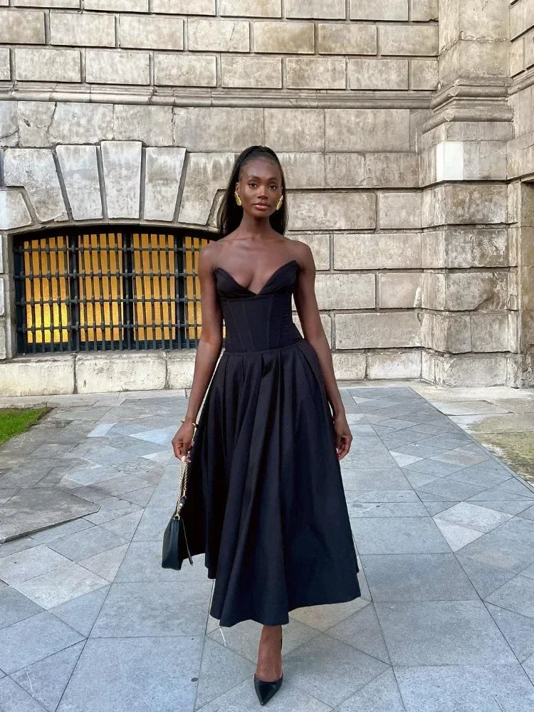Elegant Black Strapless Corset Midi Dress for Women - Sexy Wedding, Christmas Party & Formal Events - 2023 Fashion Clothing for Special Occasions & Evening Gatherings