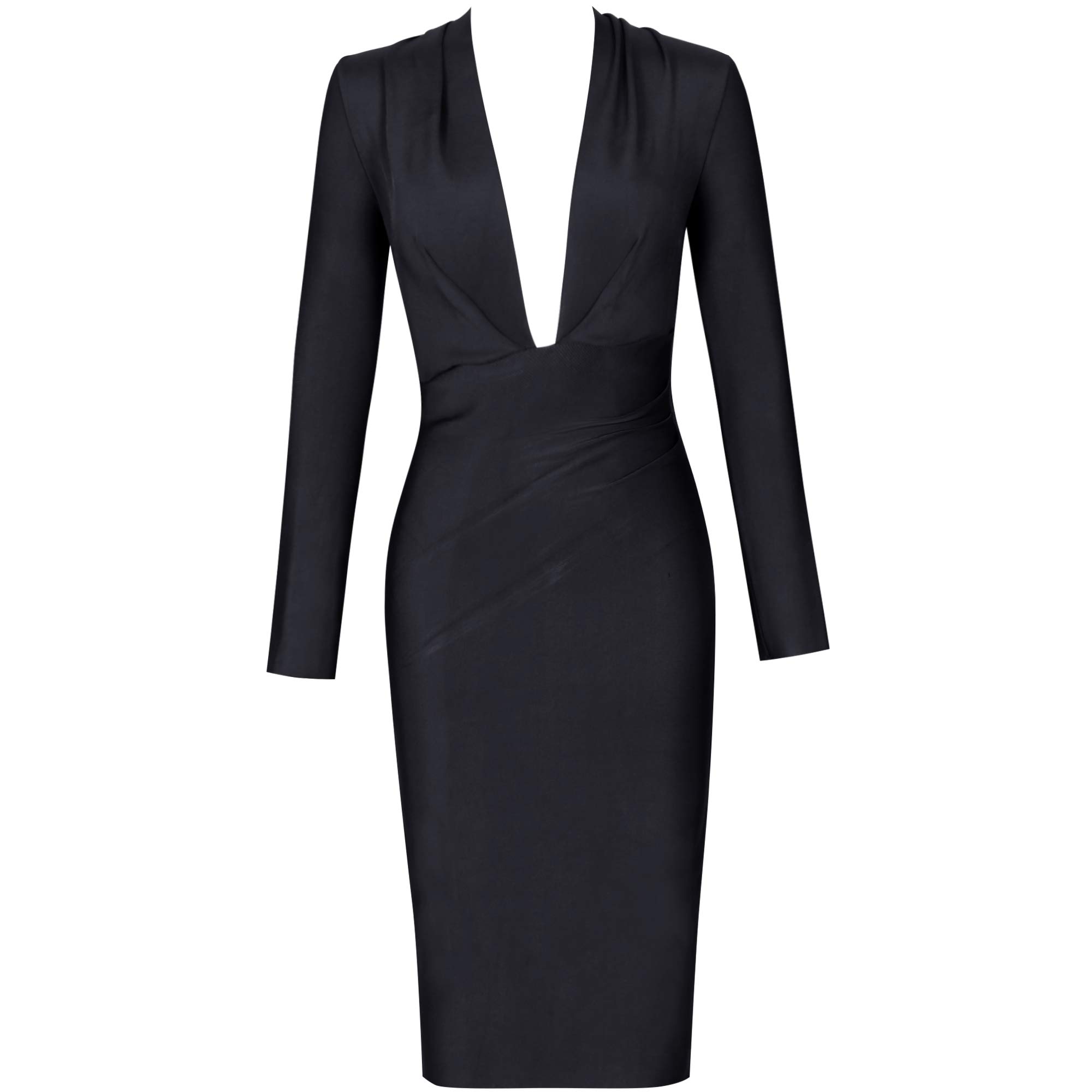 Whoinshop Women's Deep V-Neck Long Sleeve Cocktail Party Dress - Knee Length Clubwear for Night Out, Date Night & Special Occasions