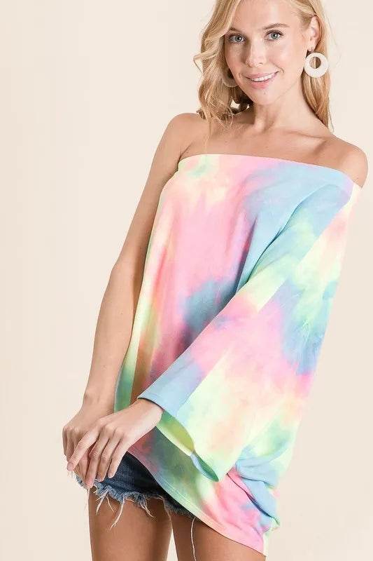 BiBi Tie Dye French Terry One Shoulder Dolman Top | Trendy Women's Fashion | Perfect for Summer Outings & Beach Vacations