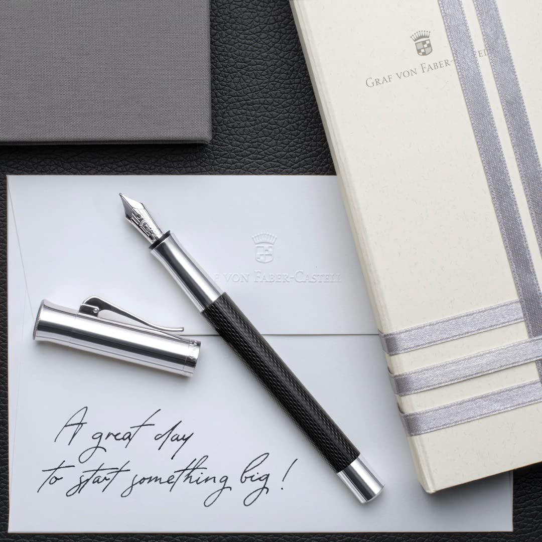Graf von Faber-Castell Medium Guilloche Fountain Pen - Black Luxury Writing Instrument for Professionals & Collectors - Perfect for Signatures, Calligraphy & Office Use