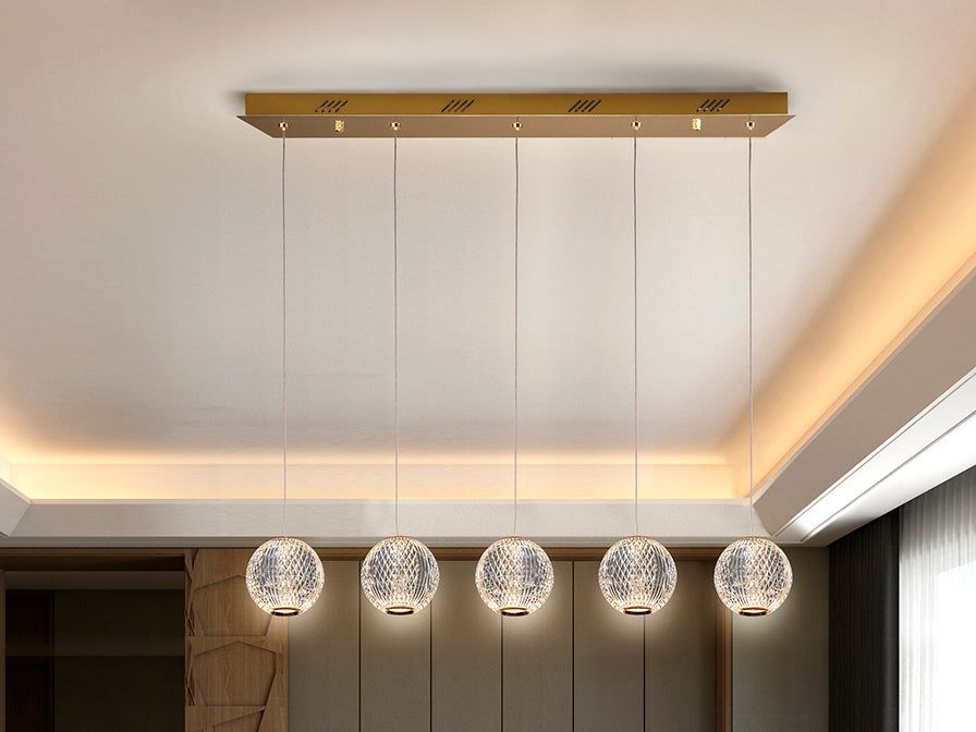 Austral 5-LED Modern Pendant Island Ceiling Light in Gold & Clear Finish - IP20 Rated for Kitchen, Dining Room & Bar Lighting