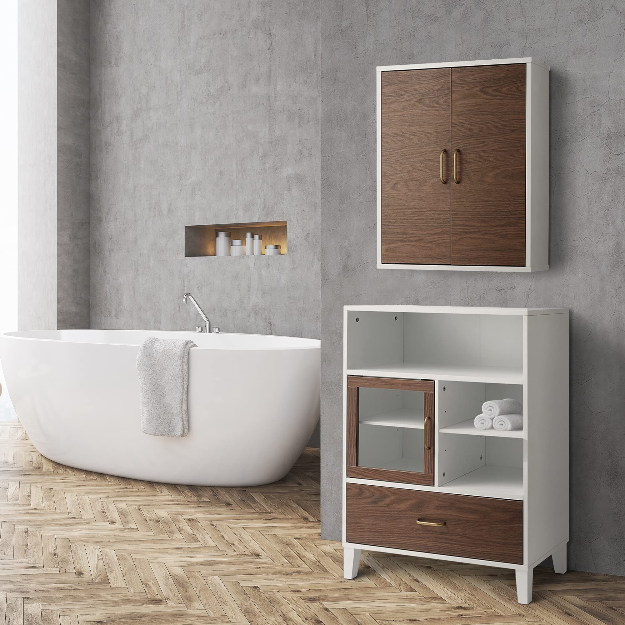 Teamson Home Wooden Bathroom Wall Cabinet - Wall Mounted Medicine Storage with Adjustable Shelf, Walnut & White Two-Door Design for Bathroom Organization & Space Saving