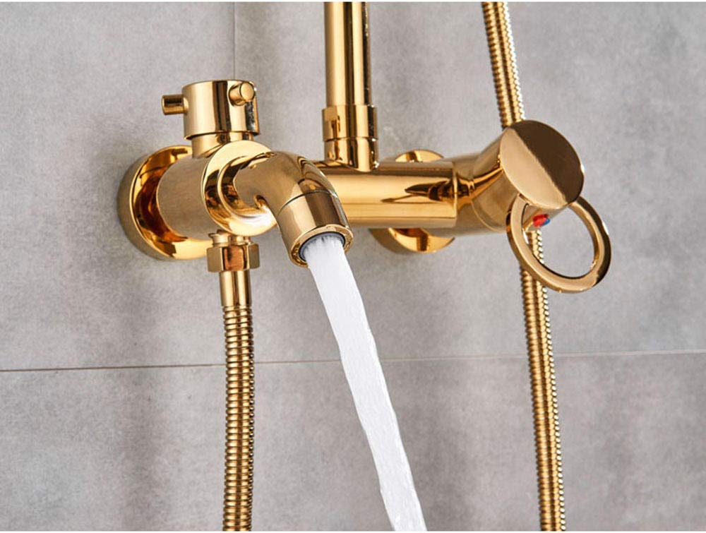 8 Inch Golden Brass Rainfall Bathtub Faucet - Wall Mounted Shower Mixer Tap with Sliding Bar for Luxurious Bathroom Upgrade | Perfect for Modern Bathrooms & Spa-Like Showers