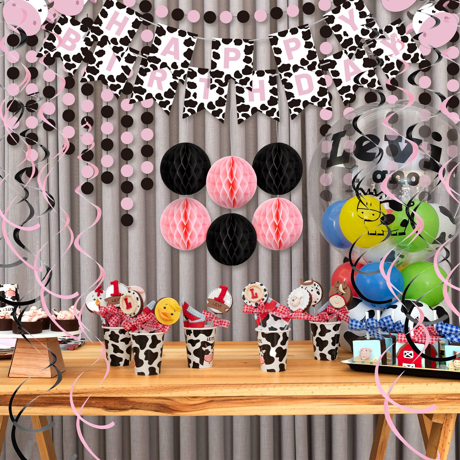 Pink Cow Themed Party Decorations Supplies - Happy Birthday Banner, Hanging Swirls, Round Paper Garland, Honeycomb Balls for Baby Showers, Kids Birthday & Farm Animal Ceiling Decor