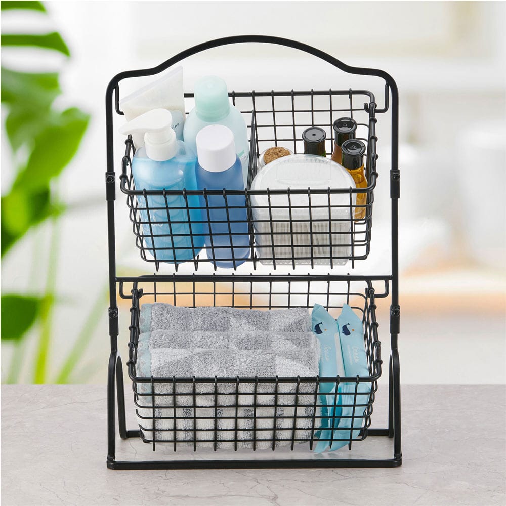 2-Tier Storage Basket Organizer - Foldable Metal Wire Grid Basket for Home, Office, and Kitchen Organization - Perfect for Pantry Shelves, Closet Storage, and Bathroom Essentials