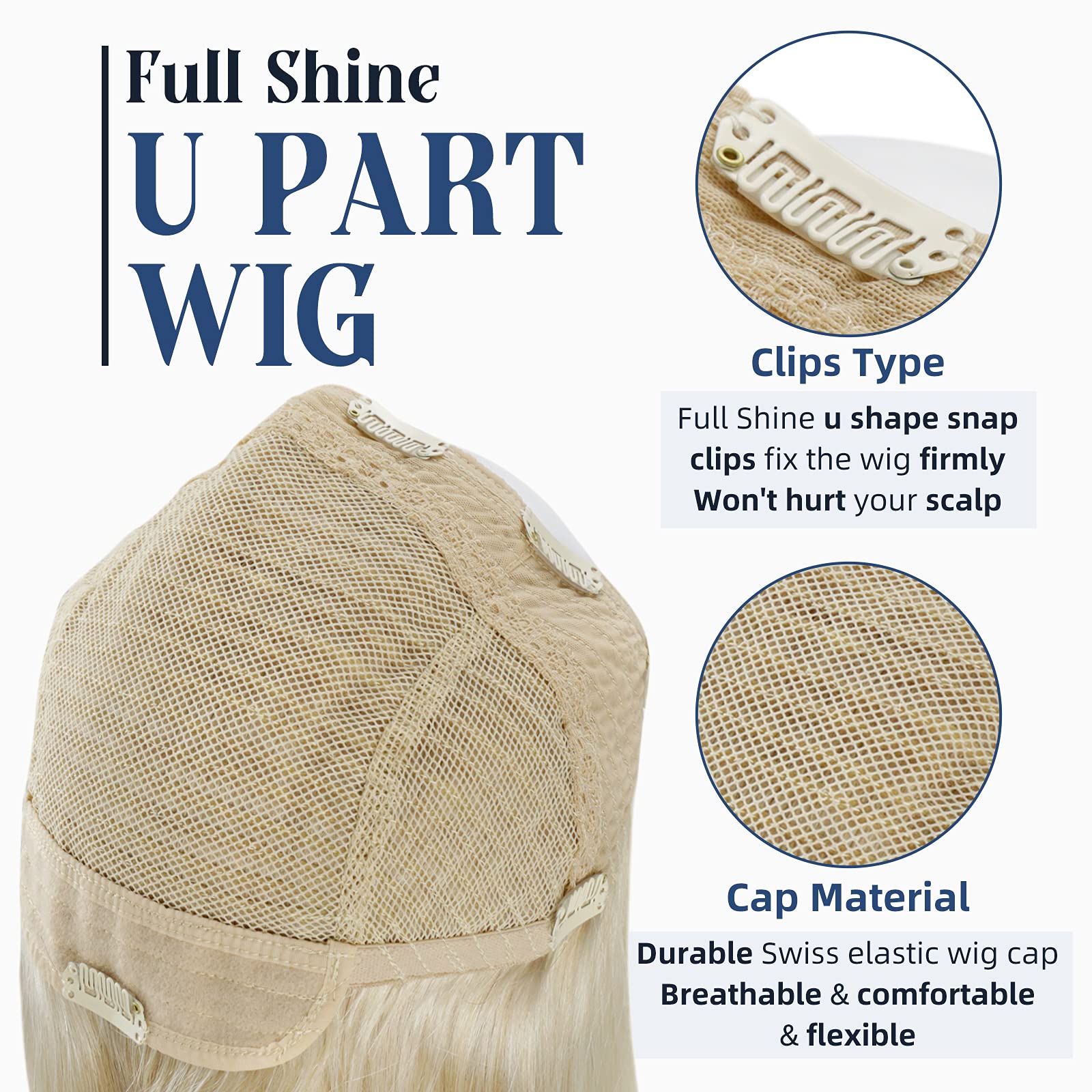 Full Shine U-Part Human Hair Wig - 18Inch Straight Platinum Blonde Real Human Hair U-Shape Wig (150Grams) for Women - Perfect for Daily Wear, Parties & Special Occasions