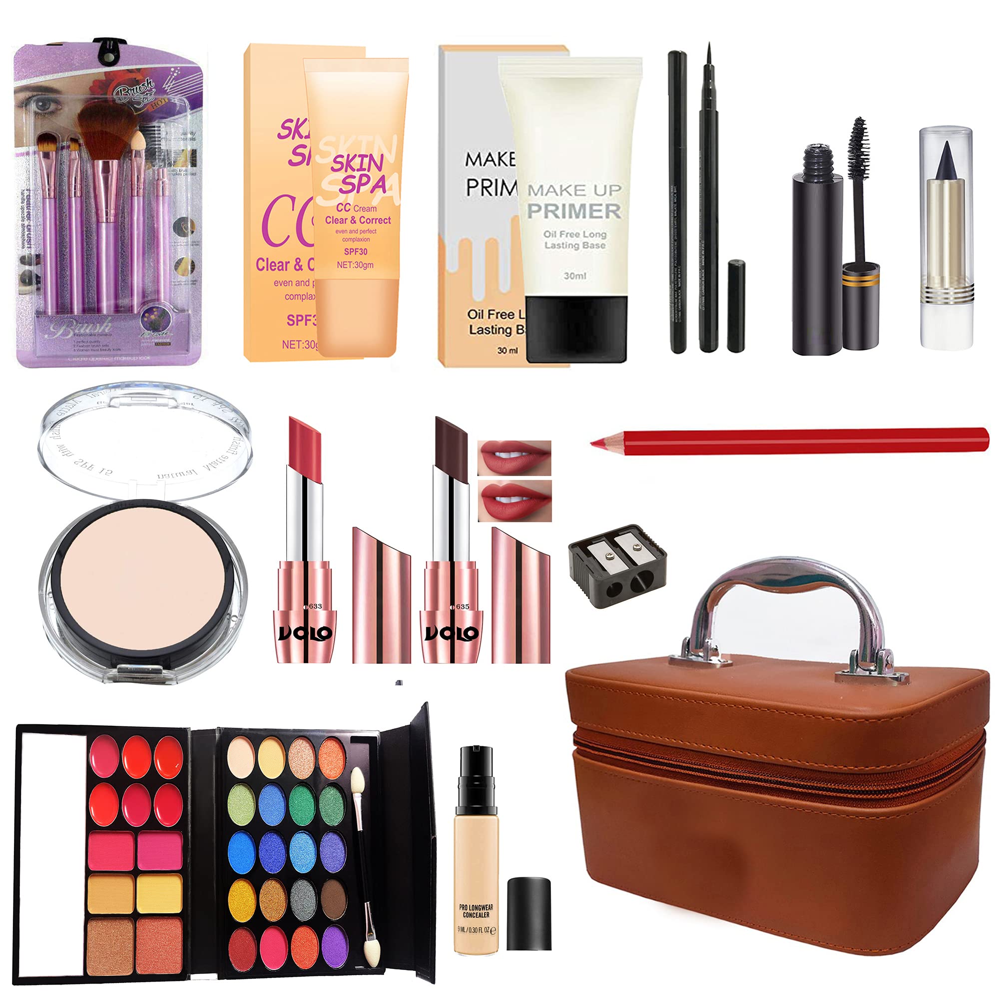 Volo All-in-One Makeup Kit - 18 Piece Set (Maroon/Brown) with Lipstick, Eyeshadow, Foundation, Eyeliner, Compact, Primer, Kajal, Lip Liner, Mascara, Sharpener, 5 Brushes & Concealer in Makeup Box | Perfect for Travel, Professional Makeup Artists & Beginners