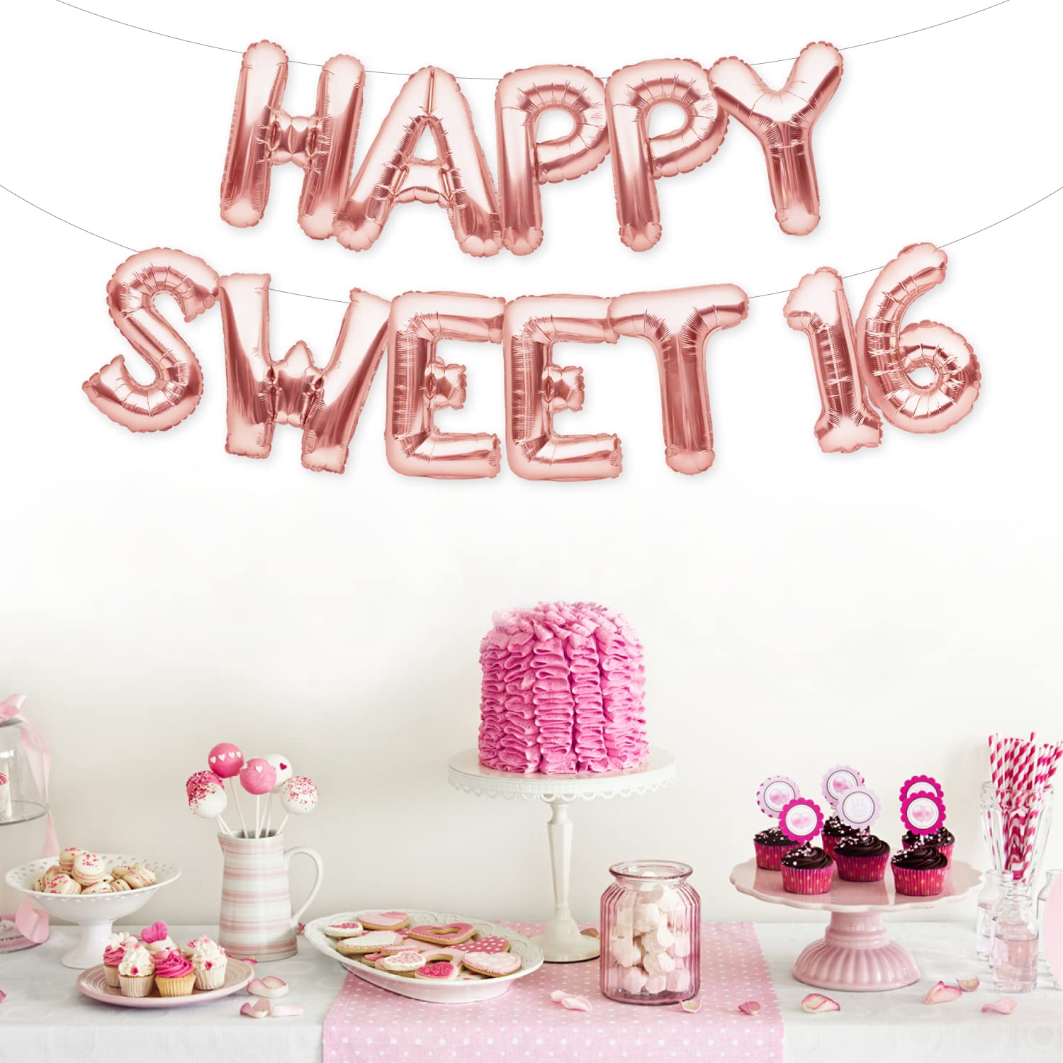 Rose Gold Sweet 16 Balloons & Banner Set - Happy 16th Birthday Party Decorations - Perfect for Birthday Celebrations, Teen Parties & Milestone Decor