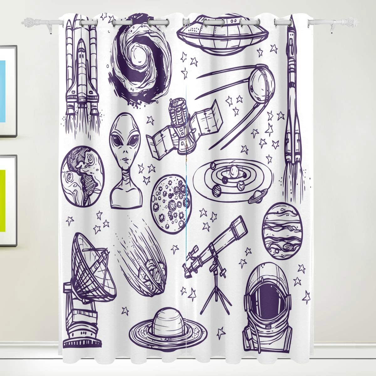 Blackout Curtains for Bedroom & Kitchen - Thermal Insulated Window Panels with Rocket Spaceship Design (72 x 55 Inch, 2 Panels) | Perfect for Home, Studio, Nursery & Light-Sensitive Sleepers