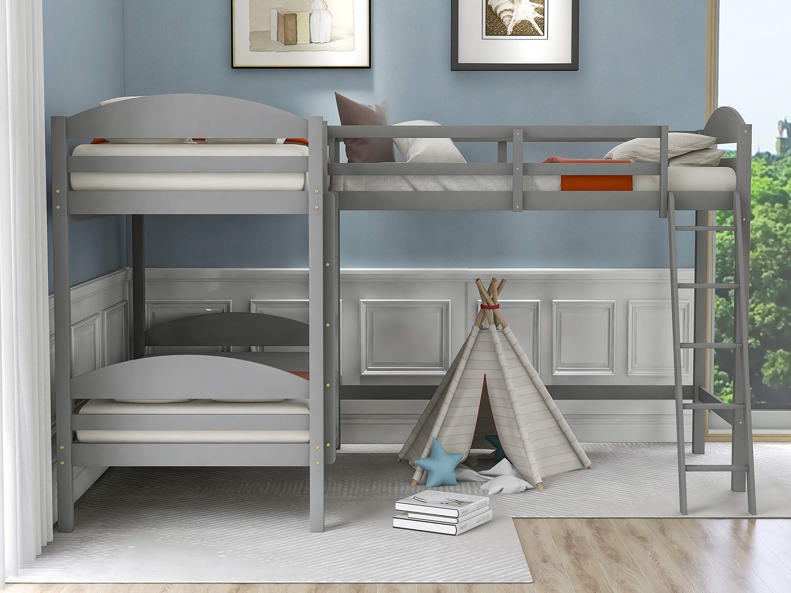**Twin Size L-Shaped Corner Bunk Bed & Loft Bed for Kids - Wooden Triple Sleeper with 2 Ladders & Guardrail (Gray) - Perfect for Small Bedrooms, Shared Kids' Rooms & Space-Saving Solutions**