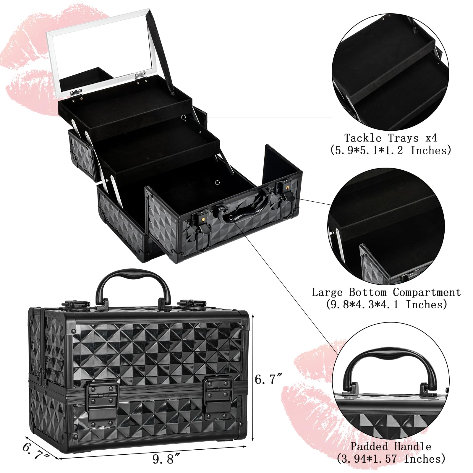 VETALLO Travel Makeup Organizer Case with Mirror - Large Portable Cosmetic Storage Box for Women | Perfect for Travel, Home Vanity & Bestie Gifts (Black)
