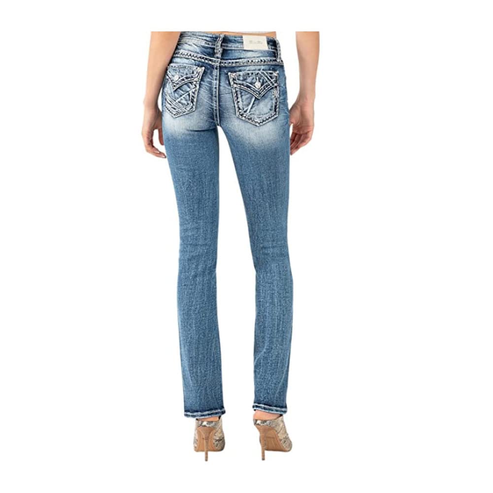 Miss Me Women's Mid-Rise Broken Classic Mini M Straight Jeans - Faux Flap Pockets & Distressed Detailing - Perfect for Casual Outfits, Date Nights & Everyday Wear
