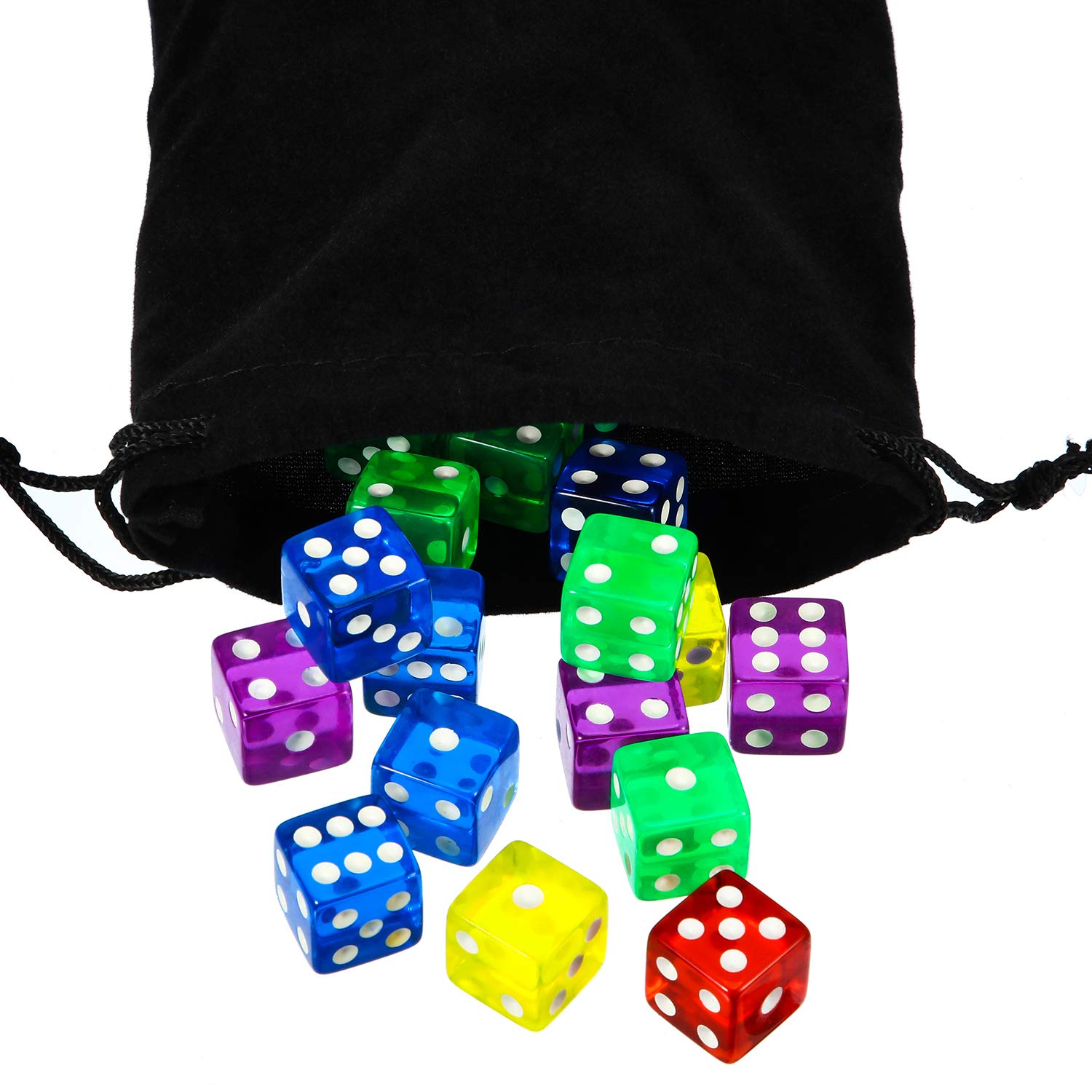 50-Piece 6-Sided Game Dice Set - Multi-Colored Dice with Black Velvet Pouches for Board Games, Math Competitions, Casino Nights & Party Favors (Purple, Blue, Green, Red, Yellow, Clear Square Edge) - Perfect for D&D, Yahtzee, Classroom Activities & Family Game Nights