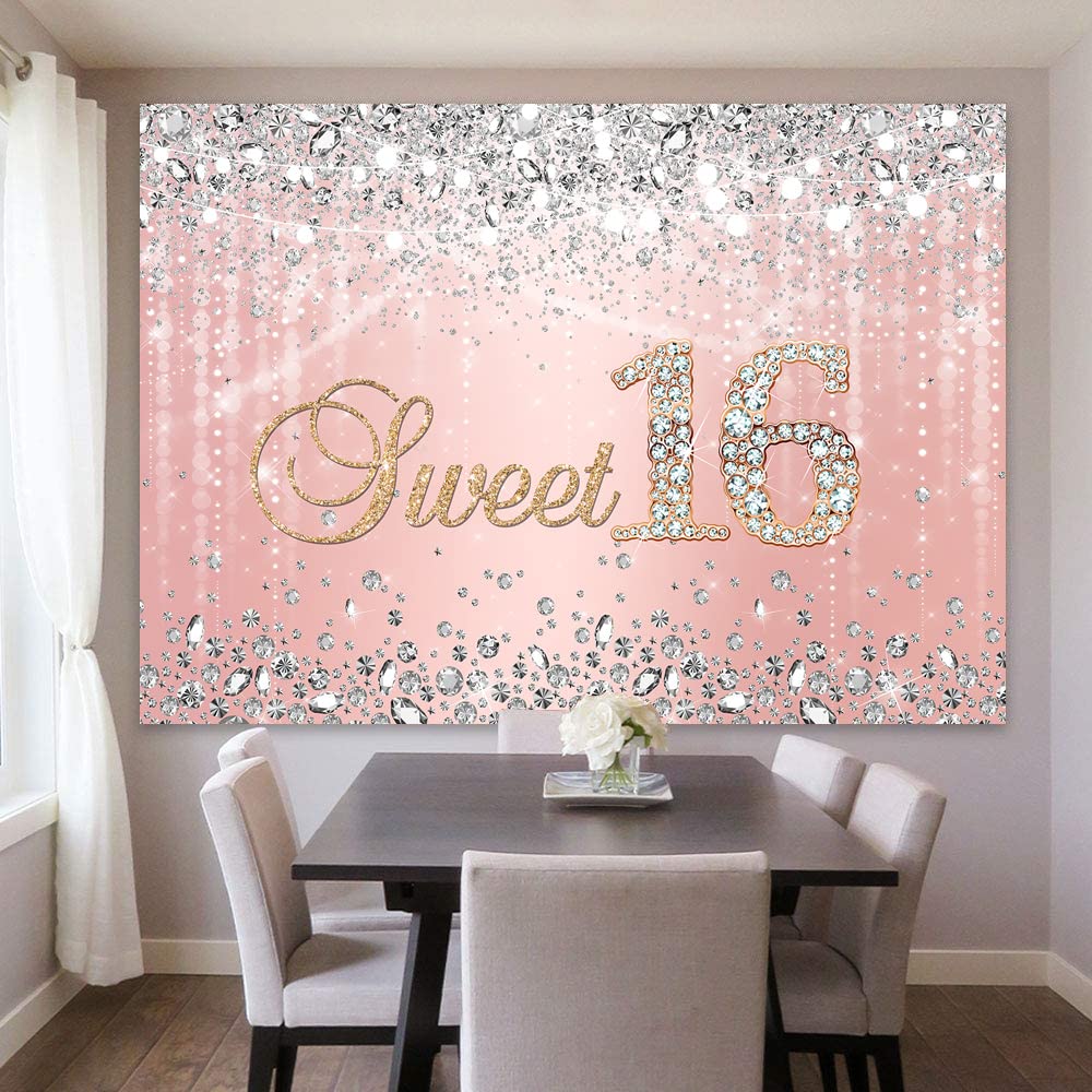 **Sensfun Rose Gold Princess Sweet 16 Birthday Backdrop - 8x6ft Glitter Photography Background with Silver Diamond Bokeh for Girls' 16th Birthday Party Decor, Cake Table & Banner - Perfect for Sweet Sixteen Celebrations, Photo Shoots & Party Decorations**