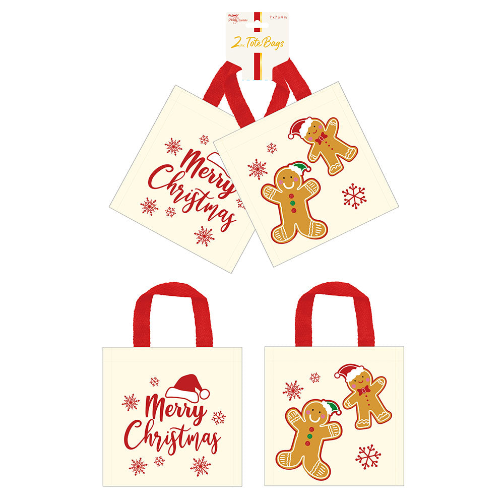 2 Pack Christmas Gingerbread Man Merry Canvas Tote Bags with Laminated Interior - 7x7x4 Inches - Holiday Shopping, Gift Wrapping & Party Favors