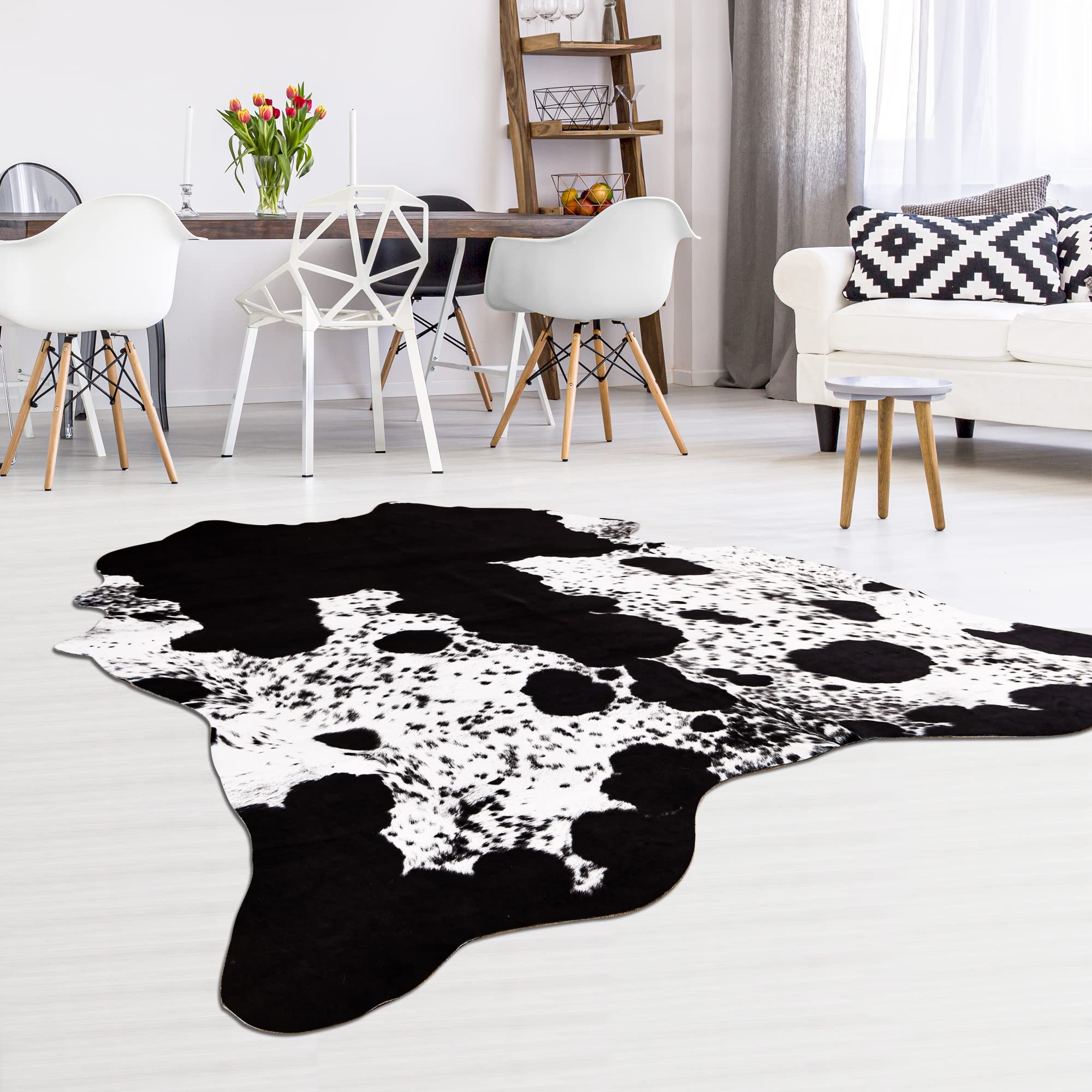 Stylish Faux Cowhide Rug 5.2x4.6 Feet - Soft Black & White Cow Print Area Rug for Living Room, Bedroom, Nursery - Western Home Decor & Bohemian Style Accent - Perfect for Farmhouse, Dorm, or Office Decor
