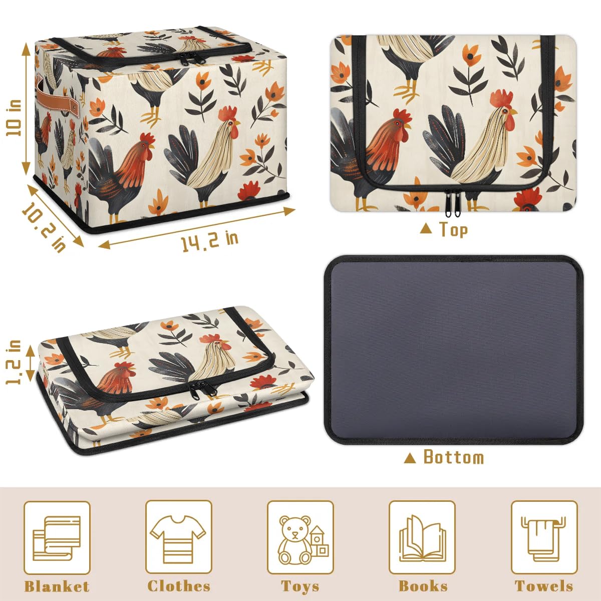 2-Pack Stackable Flower Print Chicken Storage Bins with Zipper Lid & Metal Frame - PU Handled Closet Organizer Cubes for Clothes, Toys & Home Organization | Perfect for Bedroom, Nursery & Dorm Storage Solutions