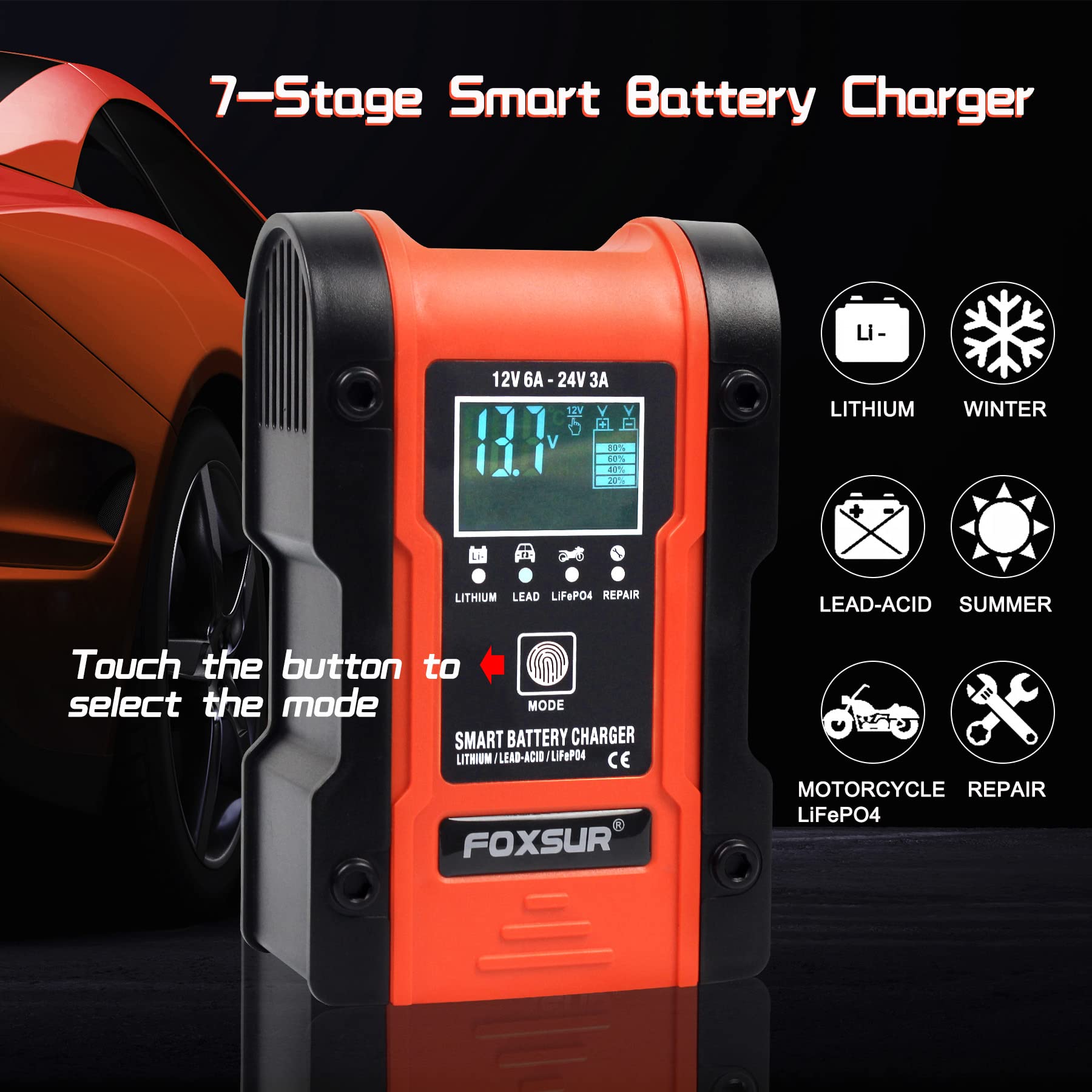 12V 6A & 24V 3A Smart Battery Charger Maintainer for Car, Truck, Motorcycle, Boat, ATV - Compatible with Lithium, LiFePO4, Lead-Acid & Deep Cycle Batteries - Perfect for Home Garage, Road Trips & Marine Use