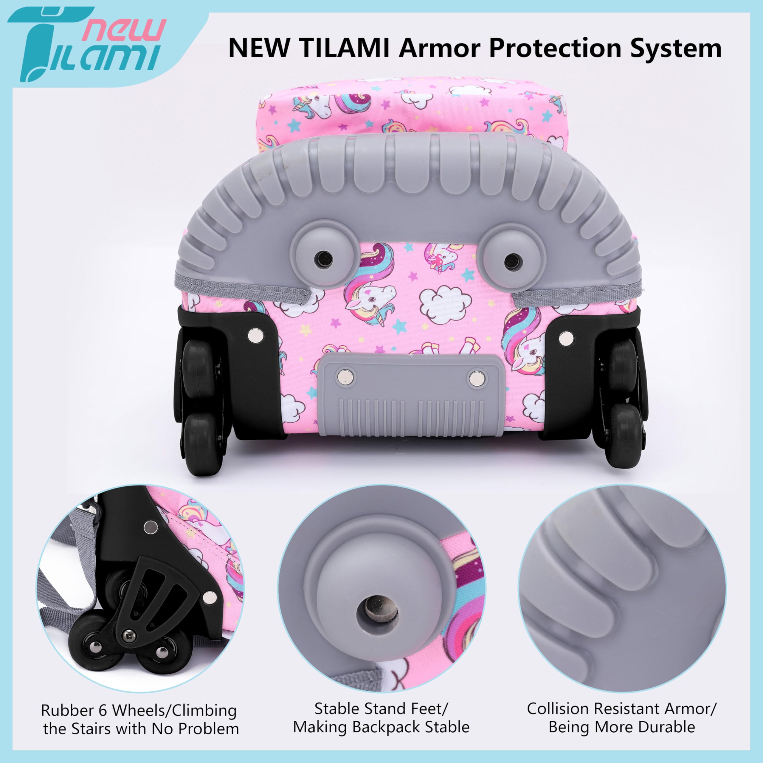 TILAMI Unicorn Rolling Backpack for Kids - 18 Inch Adjustable Wheeled Laptop Backpack for Girls & Boys, School Travel Backpack with Wheels, Perfect for School, Travel, Camping & Daily Use