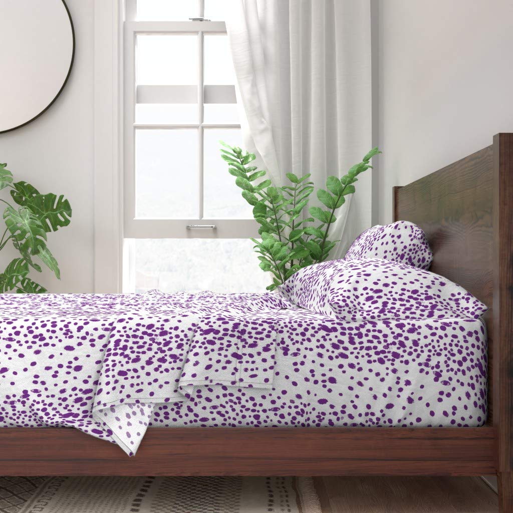 100% Cotton Twin Sheet Set 3pc - Violet Dots & White Splatter Animal Print Custom Bedding | Soft & Breathable for Kids' Room, Guest Bed, Dorm Decor
