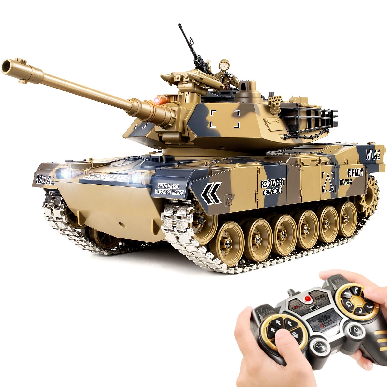 1/18 Scale RC Tank - US M1A2 Abrams Metal Track Remote Control Military Tank with Smoke, Sound, LED Lights, BB/Water Bombs, Recoil Effect - 15 Channel Toy for Adults & Kids (60 Min Playtime) - Perfect for Military Enthusiasts, Collectors, and Battle Simulation Games