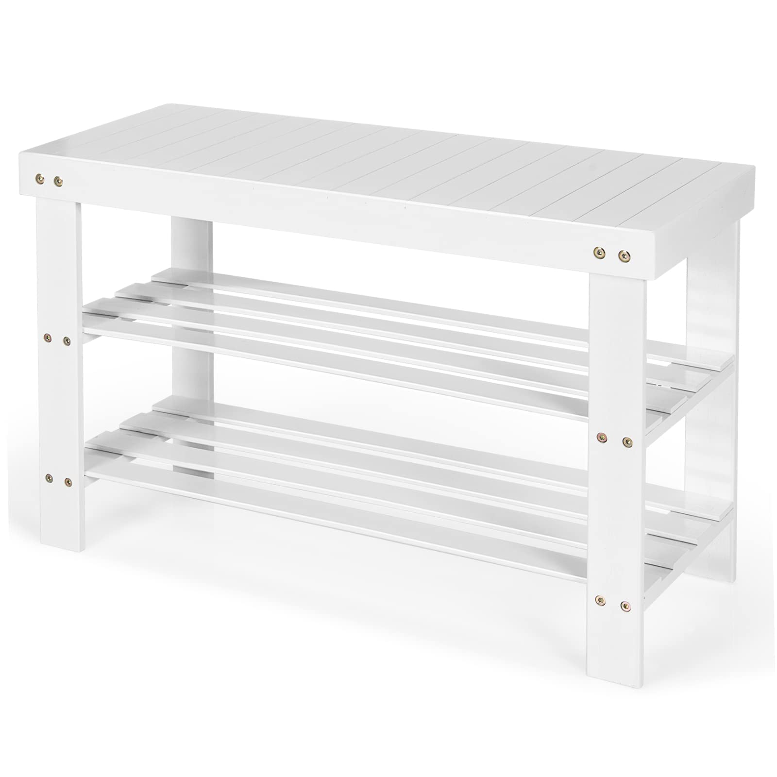 KOTEK 3-Tier Bamboo Shoe Rack Bench - Sturdy Entryway Shoe Organizer Shelf with 220 lbs Weight Capacity - Multi-Purpose Storage for Shoes, Boots & Accessories - Perfect for Hallway, Bathroom, Living Room & Bedroom (White)