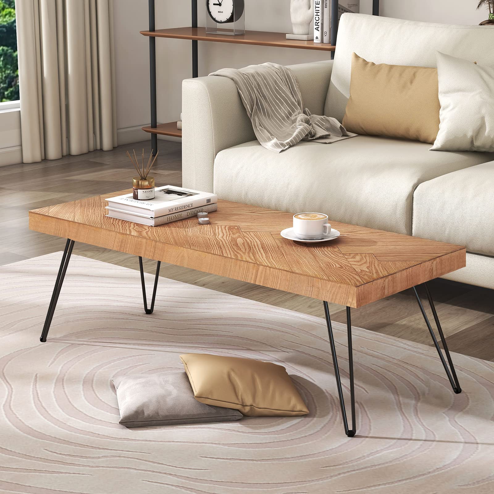 Modern Coffee Table for Living Room - Chevron Pattern, Metal Hairpin Legs, Thick Old Elm Wood Finish - Rustic Rough Wood Grain Surface, Easy Assembly - Perfect for Lounge, Living Room, and Home Decor