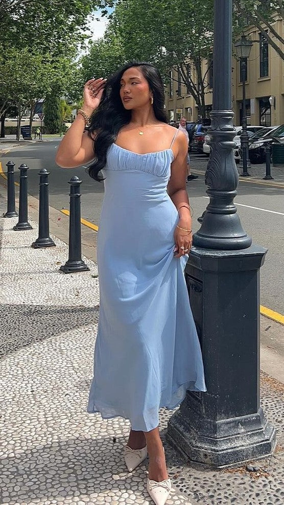 Margie Midi Dress for Women - Flowy Blue Summer Dress with V-Neck & Short Sleeves | Perfect for Beach Vacations, Date Nights & Casual Outings