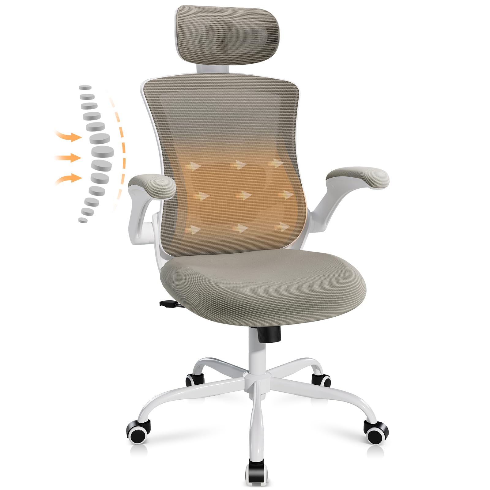 Ergonomic Office Chair with Adjustable Lumbar Support & Headrest - High Back Mesh Computer Desk Chair with Flip-Up Armrests, Breathable & Comfortable for Home Office, Gaming & Study - Perfect for Long Work Hours & Remote Work (Khaki)