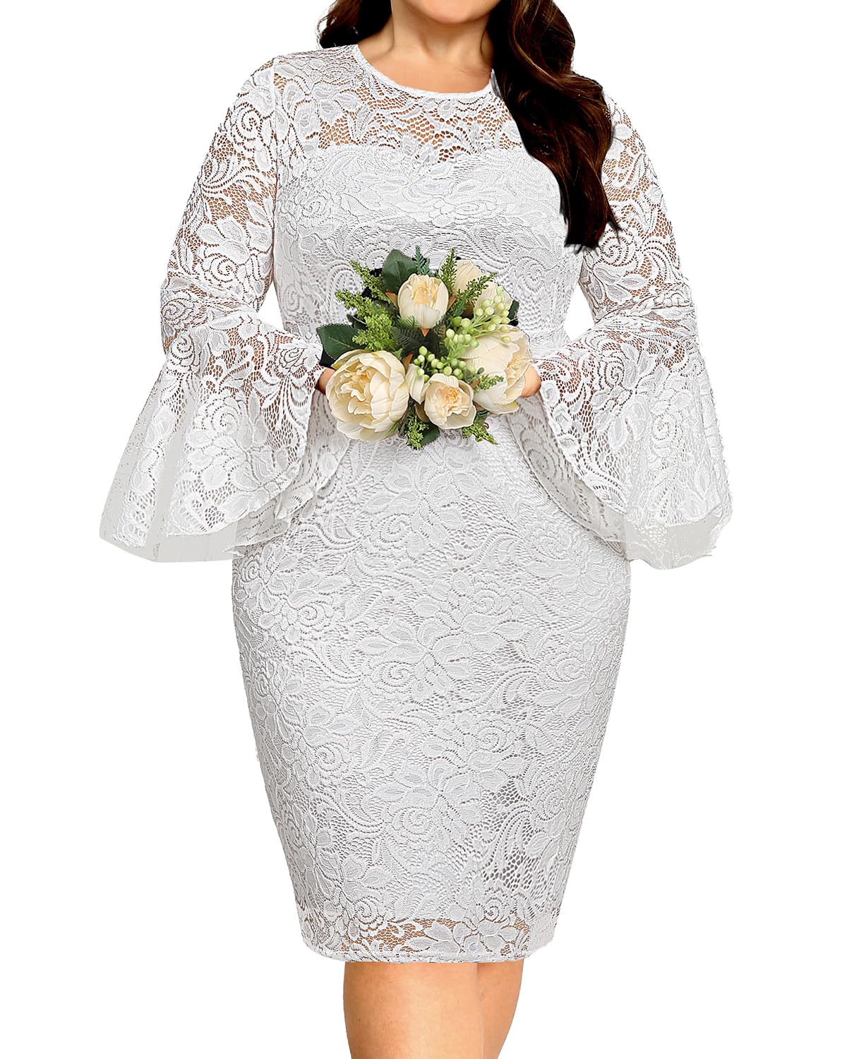 Holipick Women's Plus Size Lace Bell Sleeve Dress for Wedding Guest, Cocktail Party & Special Occasions - Elegant Floral A-Line Formal Dress for Church, Prom, Evening Gala & Date Night