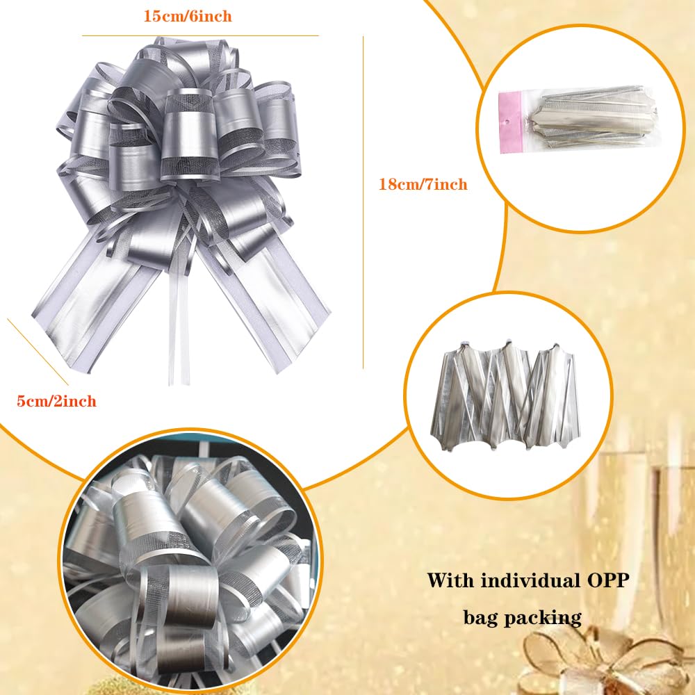 6pcs Silver Pull Bows for Gift Wrapping - Wedding, Christmas, Party Decor