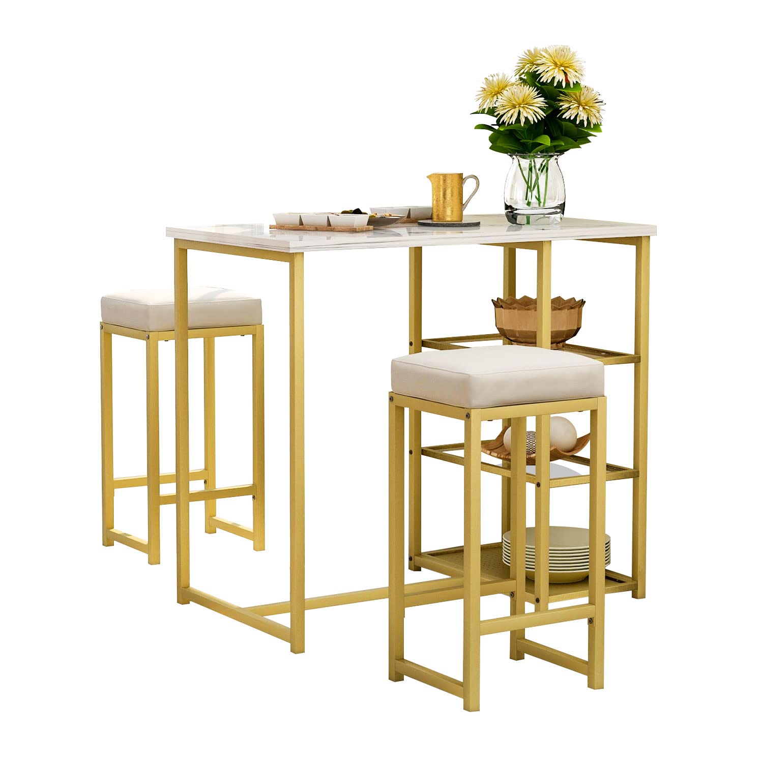 Modern 3-Piece Bar Table Set with 2 PU Stools & Storage Shelves - Counter Height Pub Dining Table for Small Spaces - Perfect for Kitchen, Breakfast Nook & Apartment Entertaining