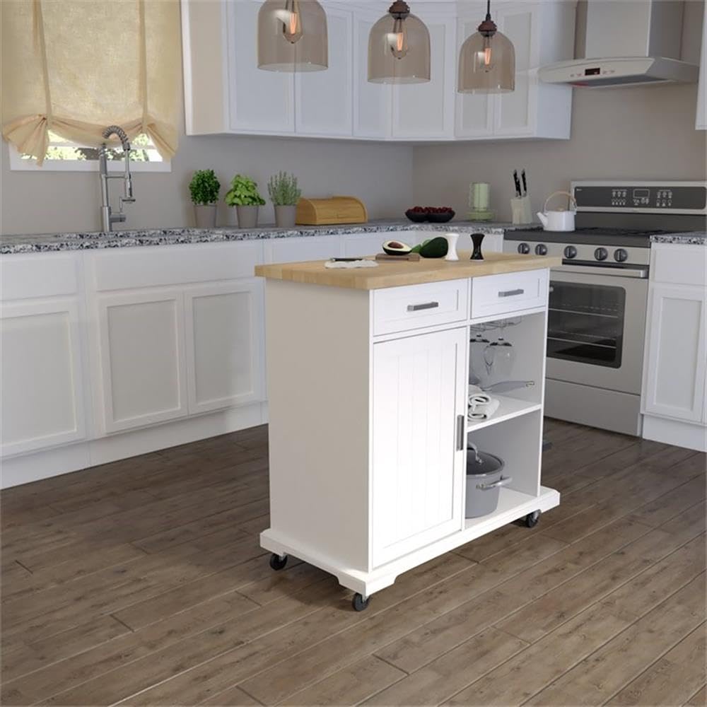 SEI Furniture Warkin Rolling Kitchen Island with Storage - Mobile Kitchen Cart with Wheels for Small Spaces, Countertop Extension & Extra Storage - Perfect for Apartments, Dorms & Compact Kitchens