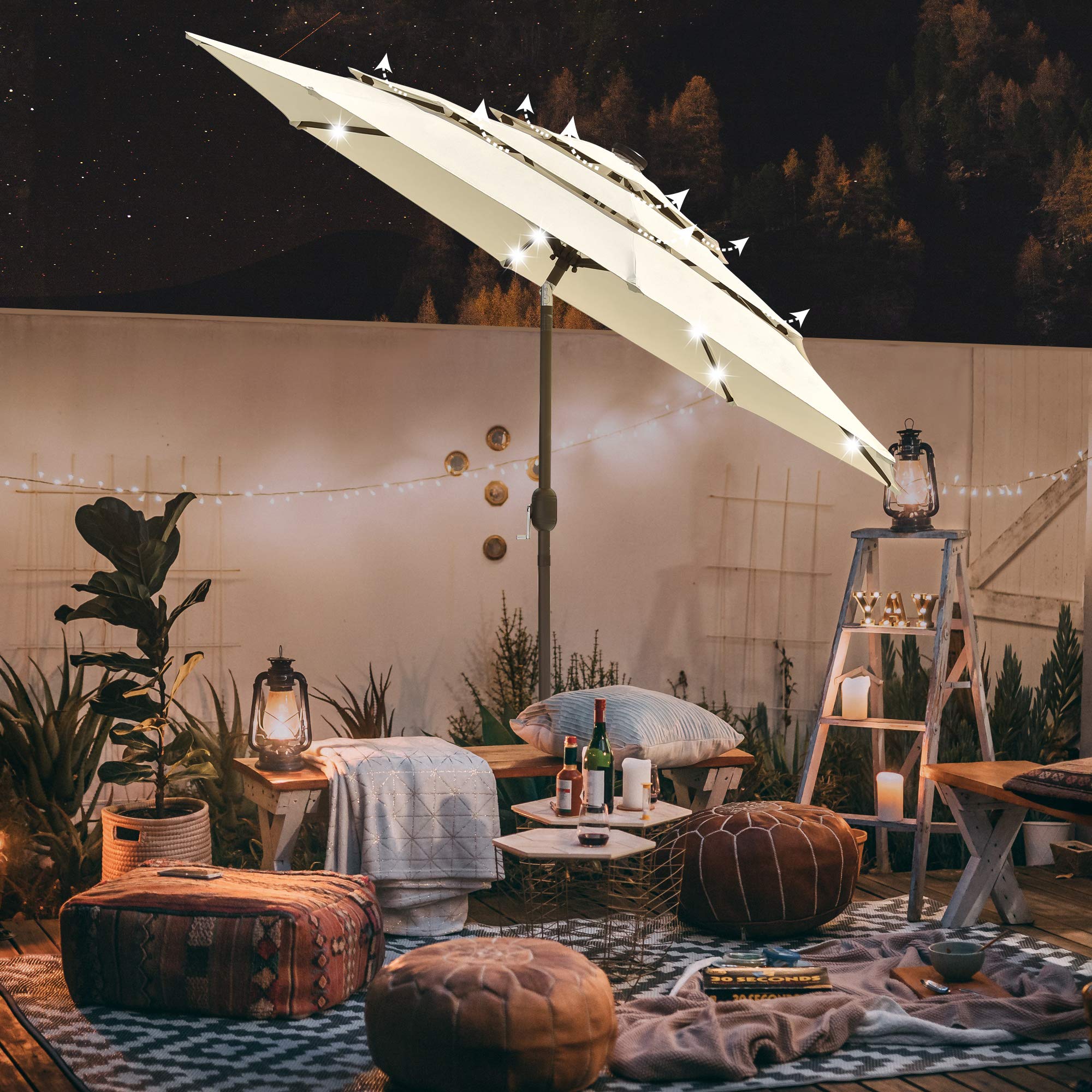 9ft 3-Tier Solar LED Patio Umbrella with Crank & Tilt - UV70+ Protection, Aluminum Frame for Outdoor Decks, Gardens & Poolside | Weather-Resistant, Solar-Powered Lighting