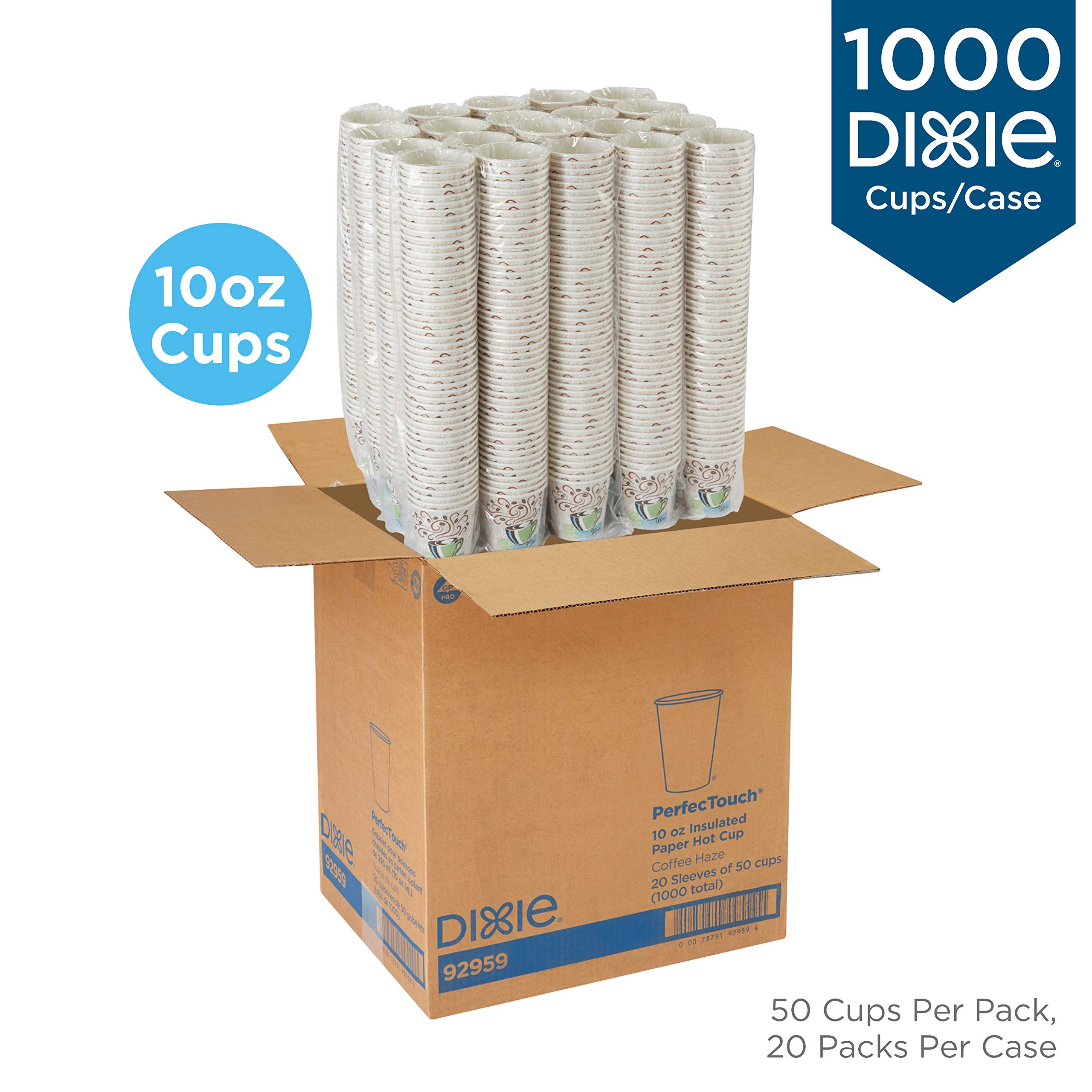 GP PRO Dixie PerfecTouch 10 oz Disposable Paper Coffee Cups - Coffee Haze Design (1000 Count, 20 Sleeves of 50) for Office, Cafes & Home Use - Perfect for Hot Beverages & Coffee Breaks