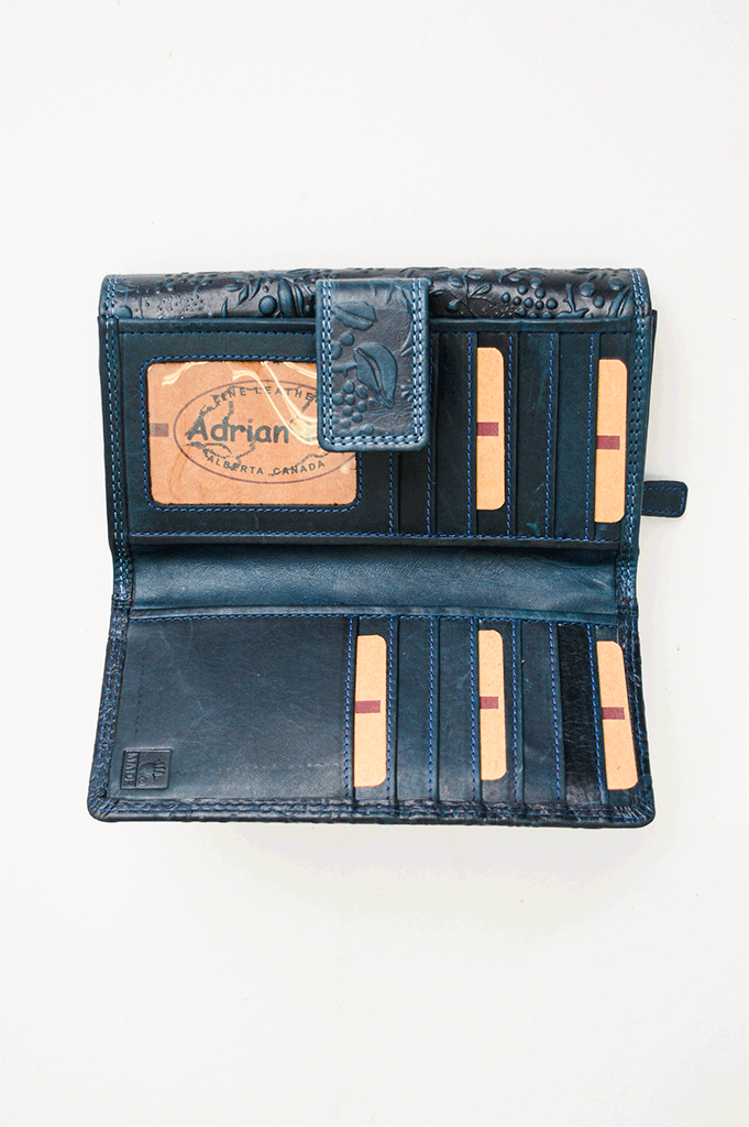 Adrian Klis 100 Flower Blue Leather Wallet for Women - Stylish RFID Blocking Bifold Wallet for Everyday Use, Travel & Gift Giving