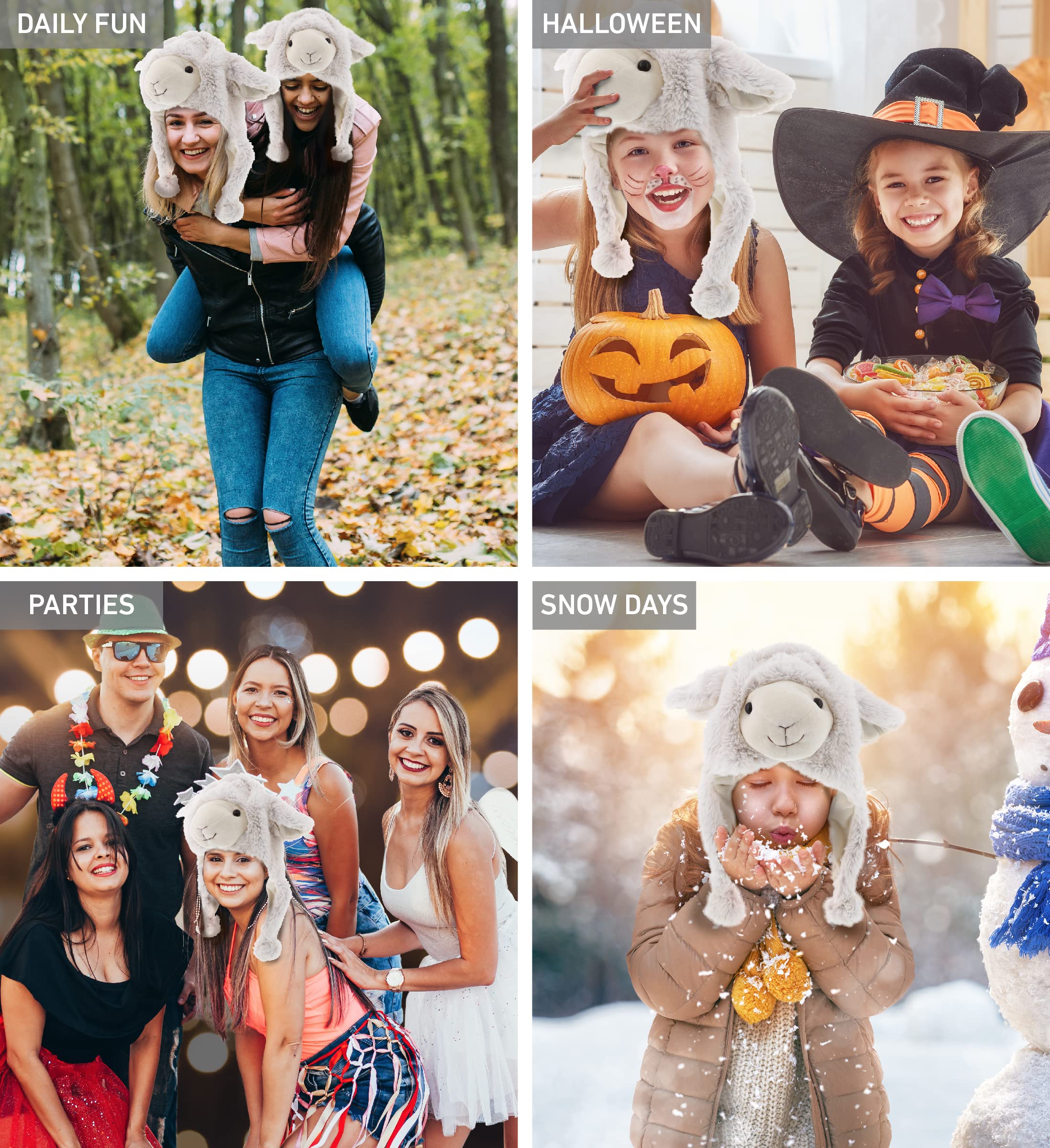 DolliBu Plush Animal Hat - Super Soft Fleece Beanie with Ear Flaps for Kids, Teens & Adults - One Size Fits All - Perfect for Winter, Outdoor Activities & Costume Parties