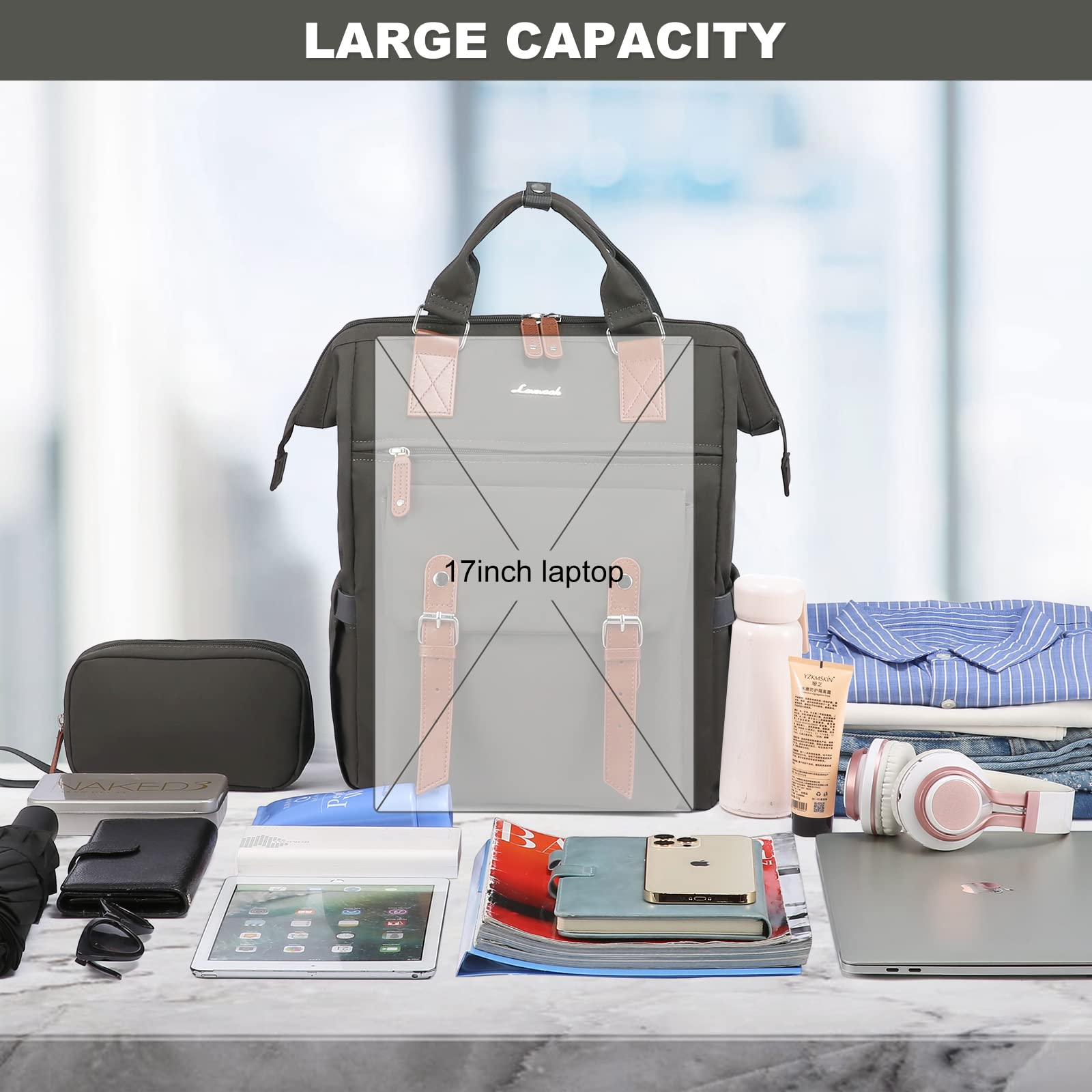 LOVEVOOK Women's 17 Inch Laptop Backpack - Stylish Dark Grey-Brown Business Travel Commuter Bag for Work, College, Teacher, Doctor & Nurse - Perfect for Office, School & Daily Use