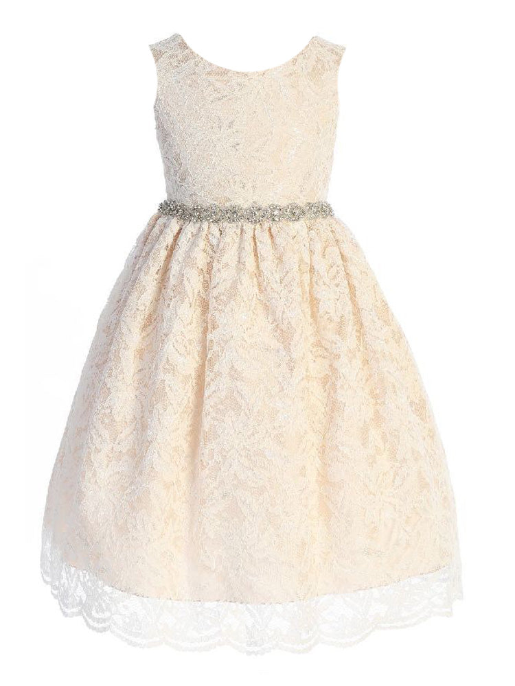 Champagne Lace Rhinestone Braided Belt Bridesmaid Dress for Big Girls - Junior Sizes 8-14 | Perfect for Weddings, Prom & Special Occasions