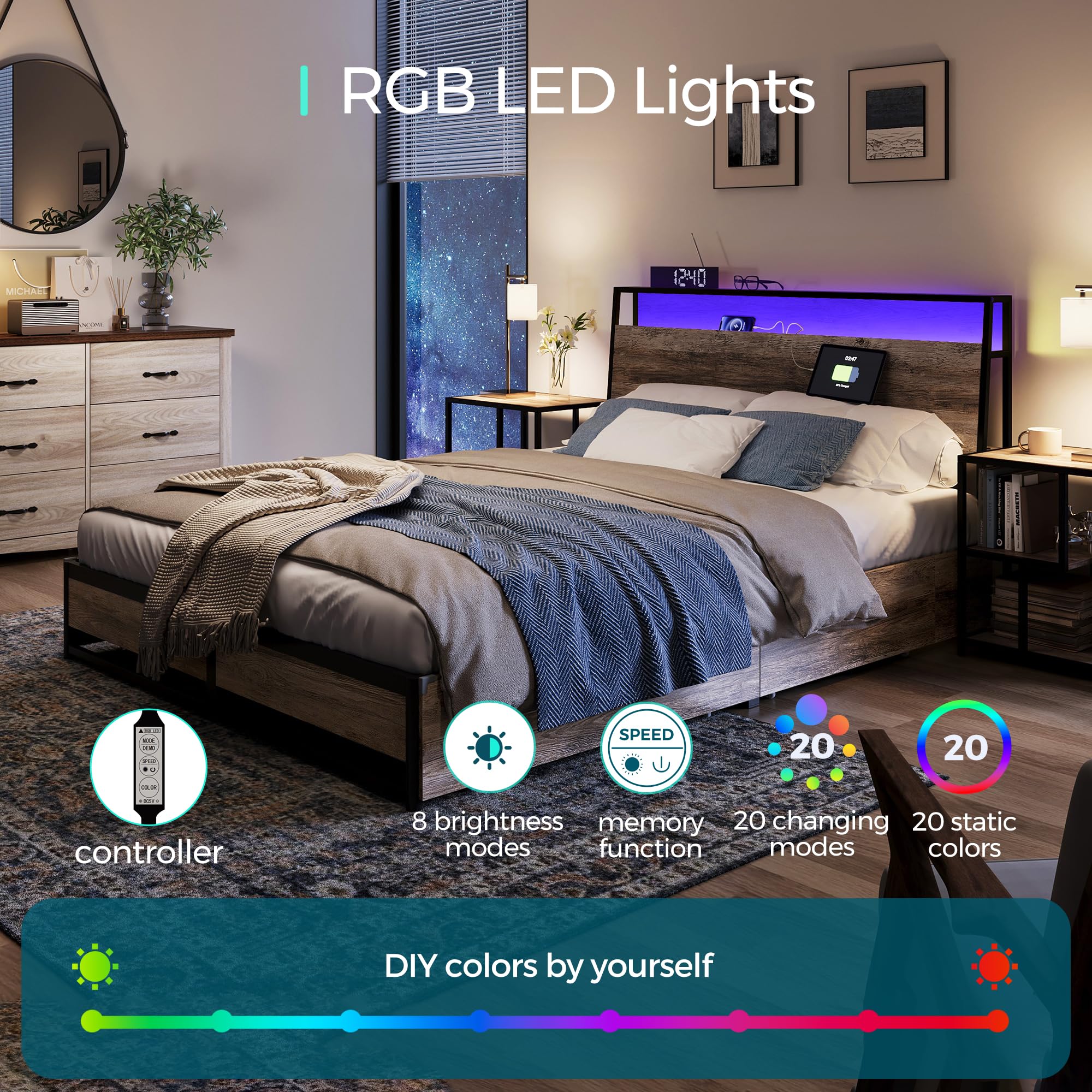 LINSY Full Size Bed Frame with 4 Storage Drawers, RGB LED Headboard & USB Fast Charger - Sturdy Metal Platform Bed with Easy Assembly, No Box Spring Required for 75