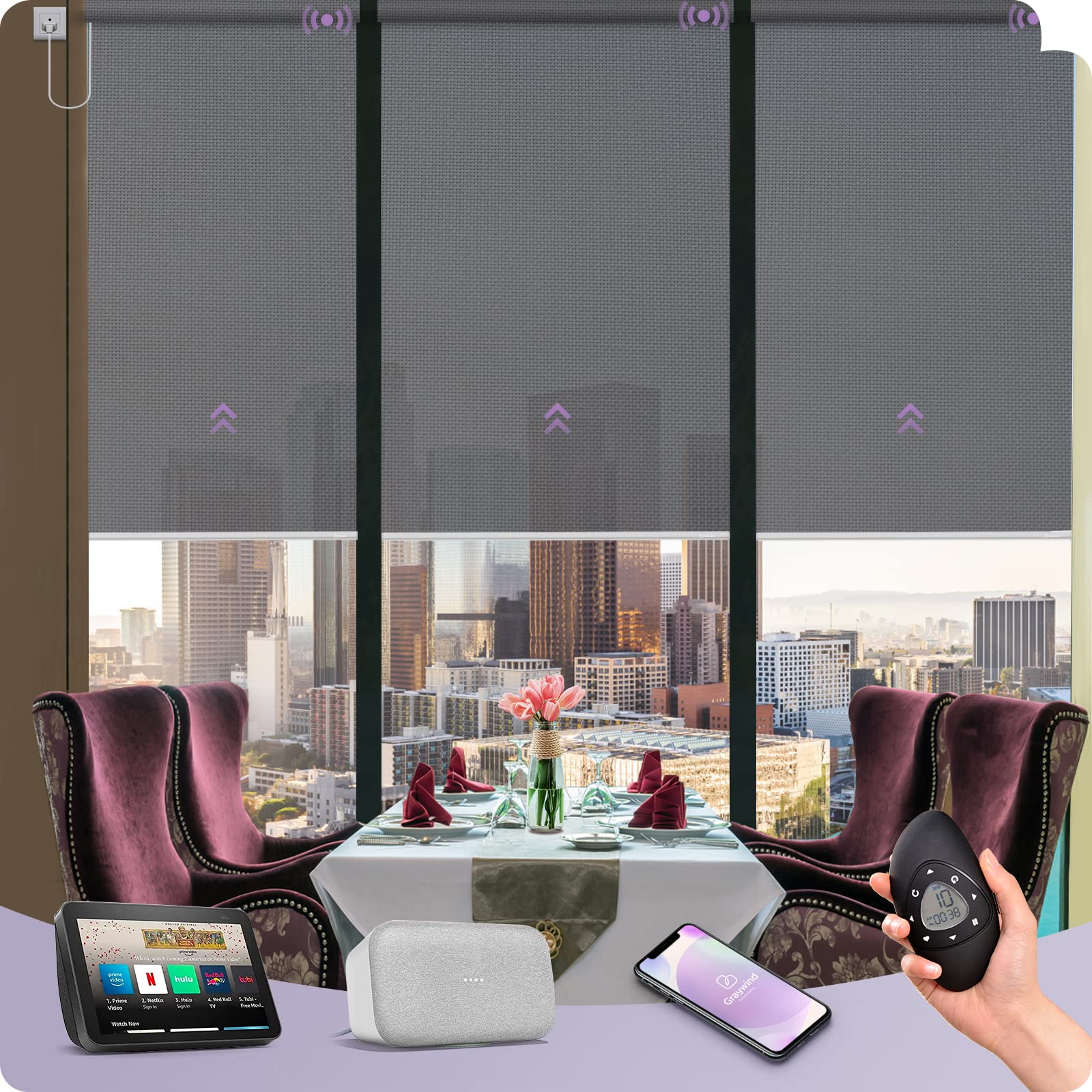 Graywind Motorized Solar Shades - Alexa & Google Home Compatible, Hardwired WiFi Smart Light Filtering Blinds with Remote Control, Electric Window Shades for Home Automation, Custom Size (5% Openness Grey) - Perfect for Living Rooms, Bedrooms & Home Offices