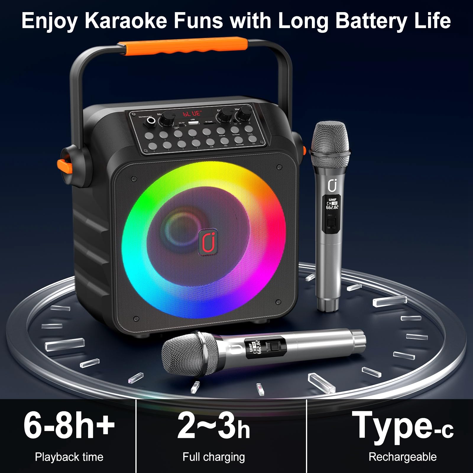 Portable Karaoke Machine with 2 Wireless Microphones - Bluetooth Speaker, PA System & LED Lights for Home Singing, Outdoor Parties - Perfect Music Gift for Adults & Kids (Ideal for Birthday Celebrations, Family Gatherings & Camping Trips)