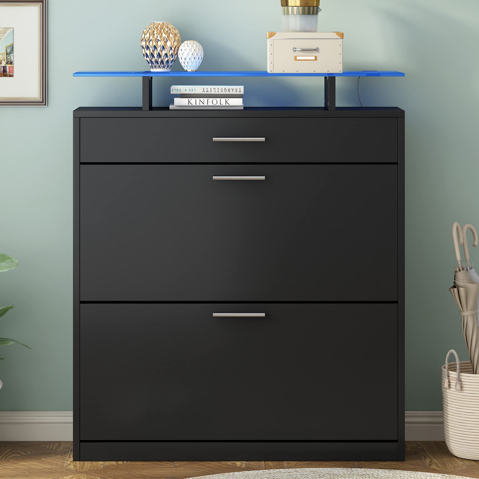 Modern Slim Entryway Shoe Cabinet with 2 Flip Drawers & LED Lights - Tempered Glass Top Shoe Storage Organizer with Open Shelves - Freestanding Shoe Rack for Hallway, Living Room, Bedroom - Space-Saving Home Organization Solution for Small Apartments & Entryways