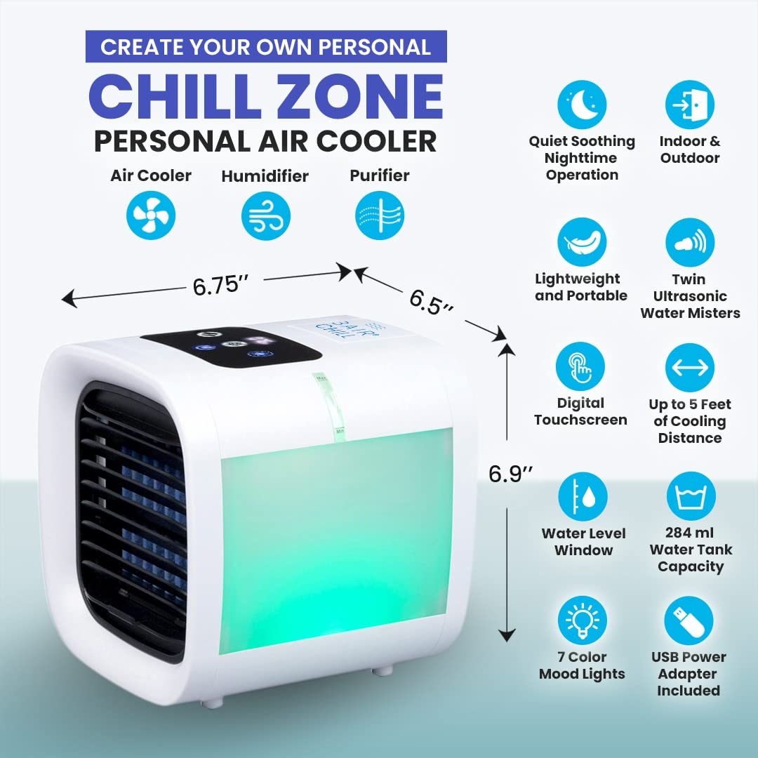 Portable Mini Evaporative Air Cooler - 5 Speed Personal Fan with Twin Water Misters, Leak Proof Tank & Soothing Nightlight | Perfect for Desk, Bedroom, Office, RV & Outdoor Camping