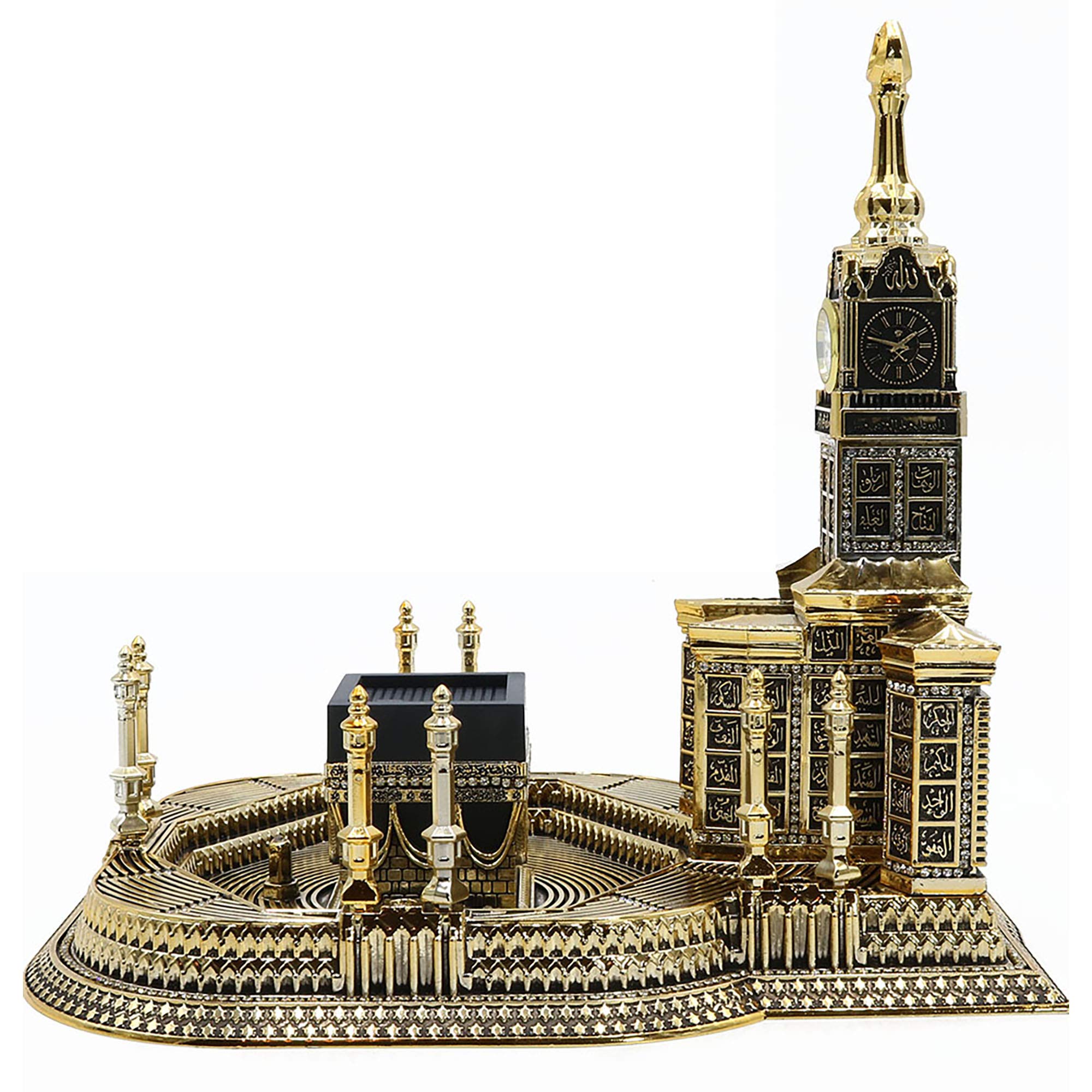 Handcrafted Islamic Turkish Table Decor - 99 Names of Allah Sculpture with Kaba Clock Tower Replica & Car Hanger - Gold Finish Home & Office Decoration - Perfect Gift for Eid, Ramadan & Islamic Holidays