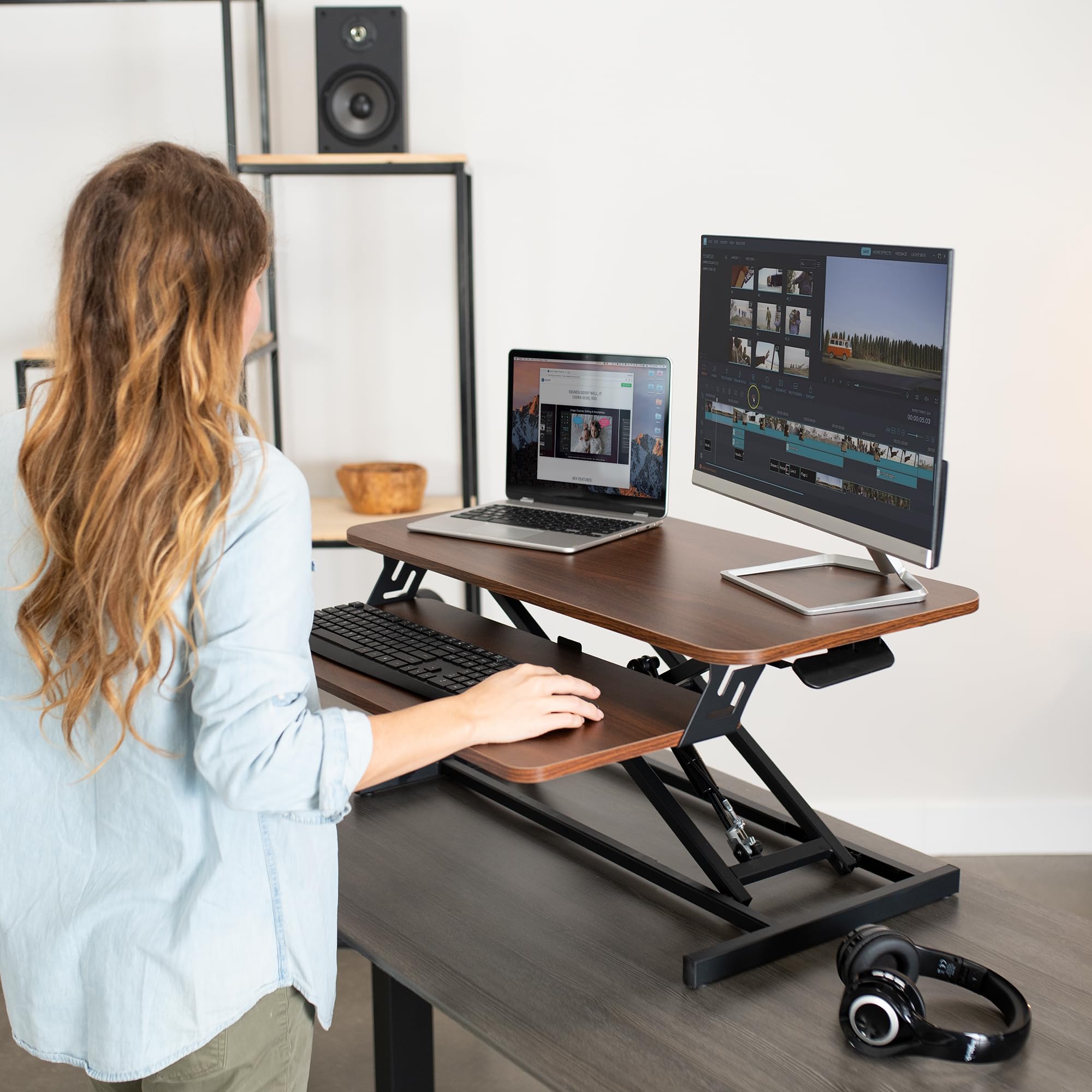 VIVO 32 Inch Height Adjustable Stand Up Desk Converter - Quick Sit to Stand Dual Monitor Riser Workstation with Dark Walnut Desktop & Black Frame (DESK-V000SD) - Perfect for Home Office, Gaming Setup, and Ergonomic Workspace