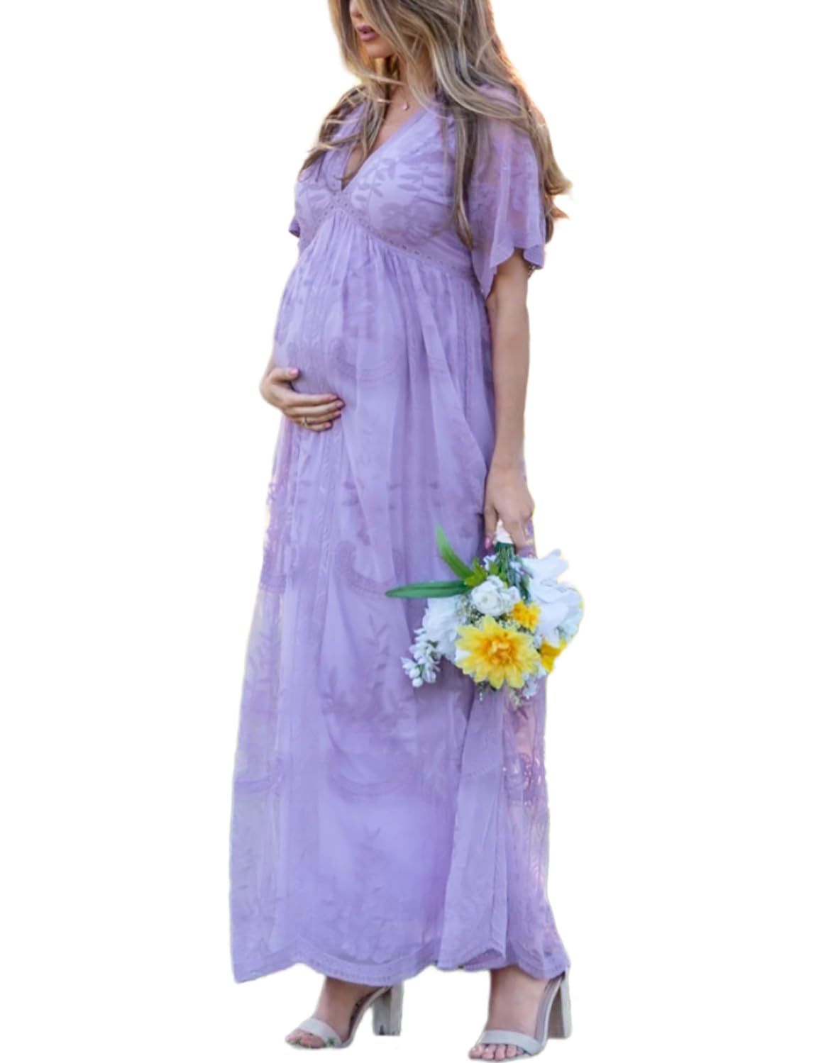 Elegant Embroidered Lace Maternity Dress for Women - V-Neck Long Maxi Gown for Baby Shower, Wedding & Photoshoot (Lavender) | Perfect for Maternity Photos, Bridal Events & Special Occasions