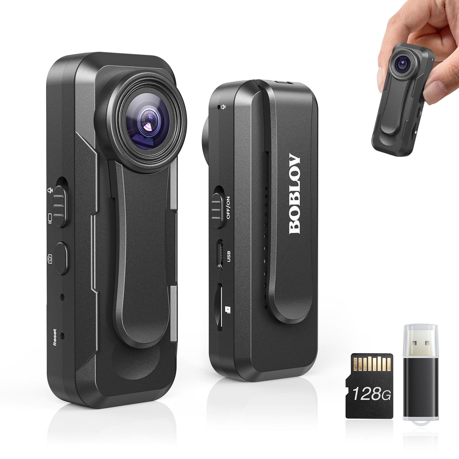 BOBLOV W1 128GB HD 1080P Body Worn Camera with Loop Recording & Time Stamp - Wearable Police Camera for Security, Travel, Delivery Drivers & Lecture Recording - Includes 2 Mounting Clips for Hands-Free Use