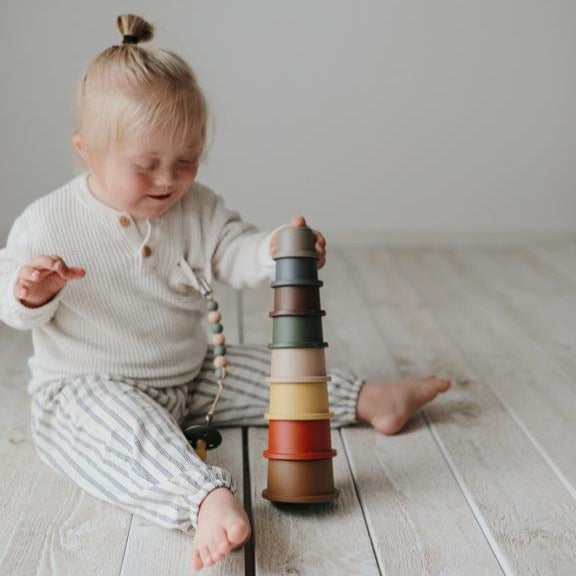Mushie Stacking Cups Toy - Retro Baby Learning & Educational Stacking Blocks for Toddlers - Perfect for Sensory Play, Bath Time & Early Childhood Development