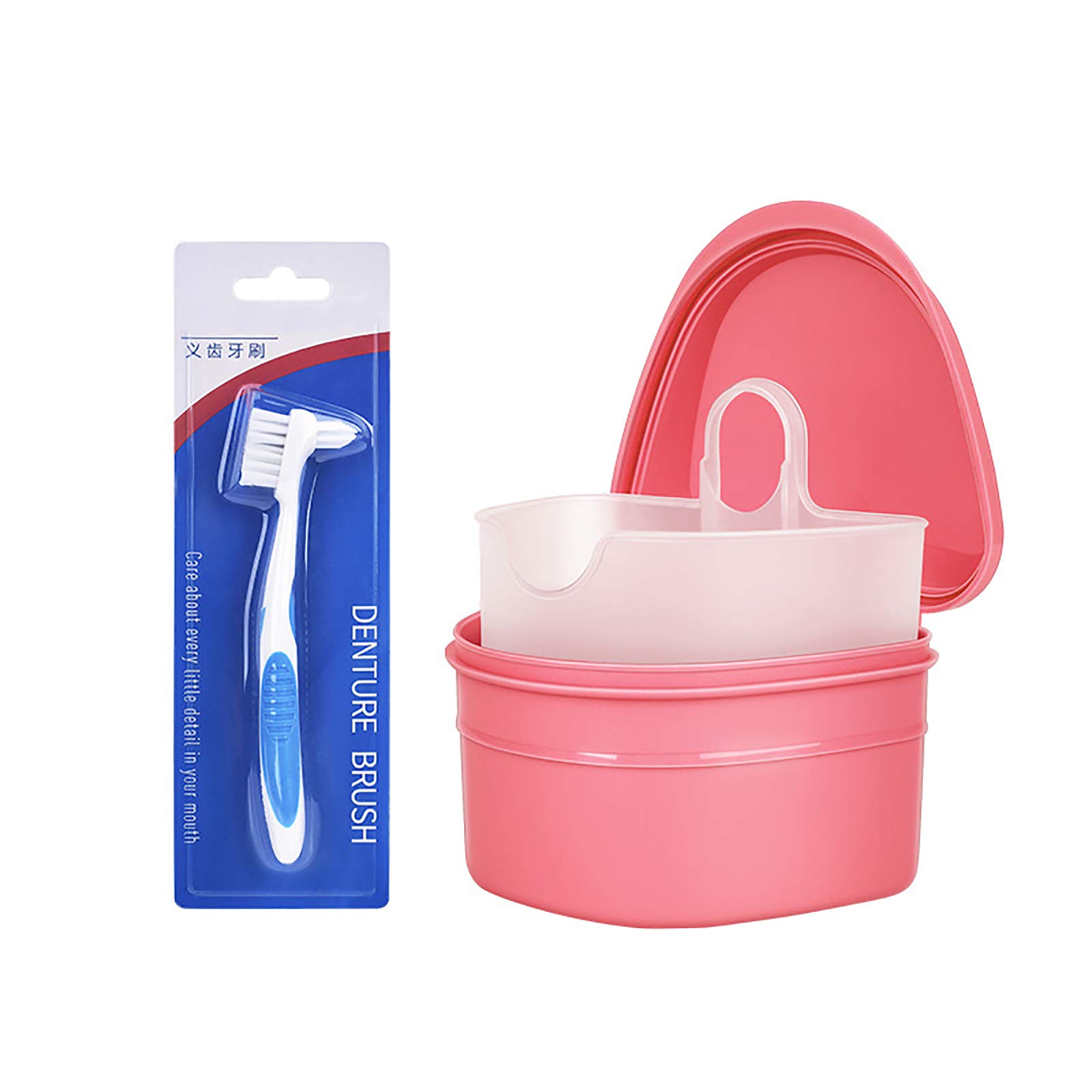 Premium Denture Cleaning Kit with Storage Box, Strainer Basket & Toothbrush - Retainer & False Teeth Care Solution for Travel & Home Use (Pink)